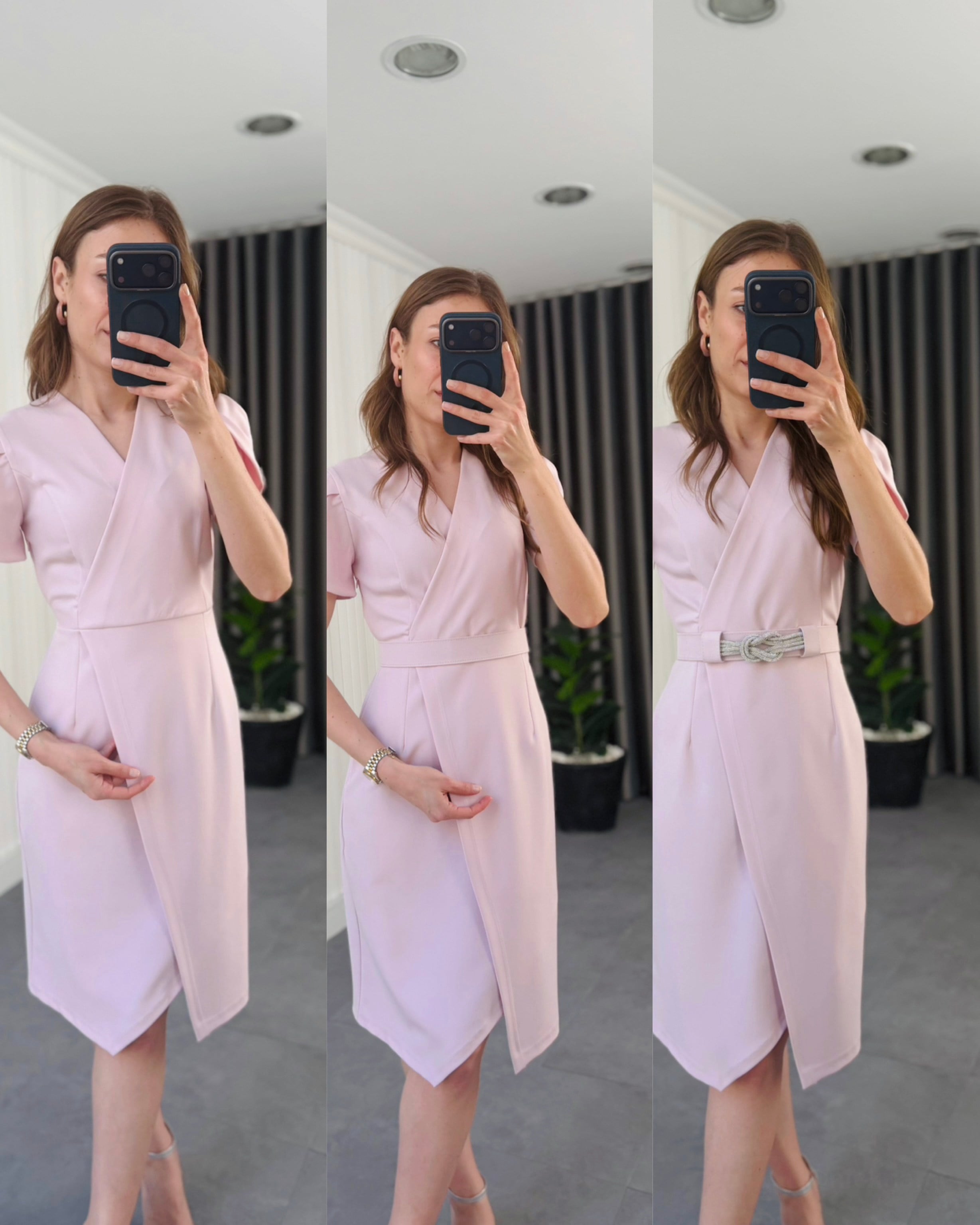 Krep Kumaşlı Kruvaze Elbise Pembe