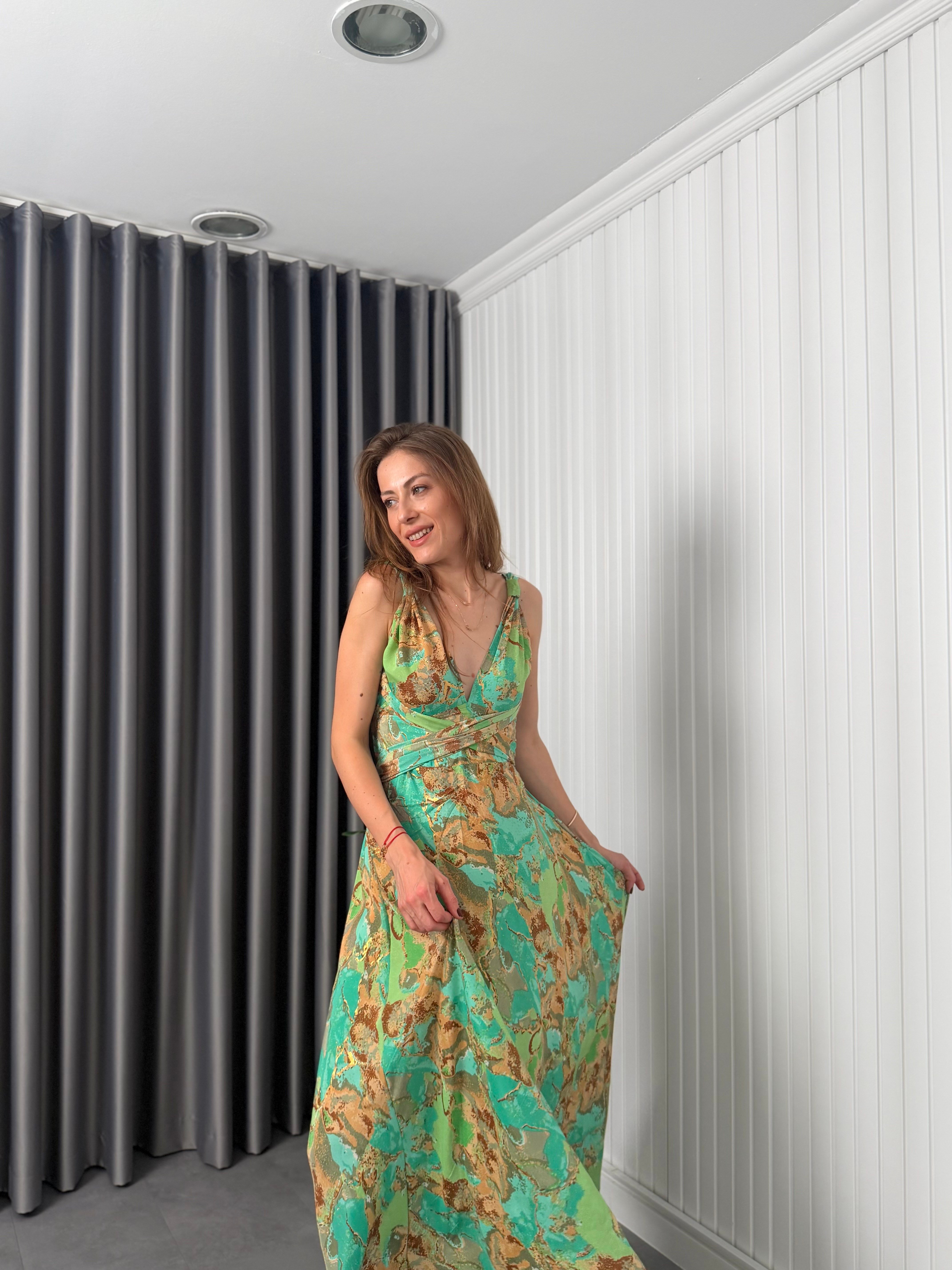 Mint Etnik  Desenli İpek Elbise