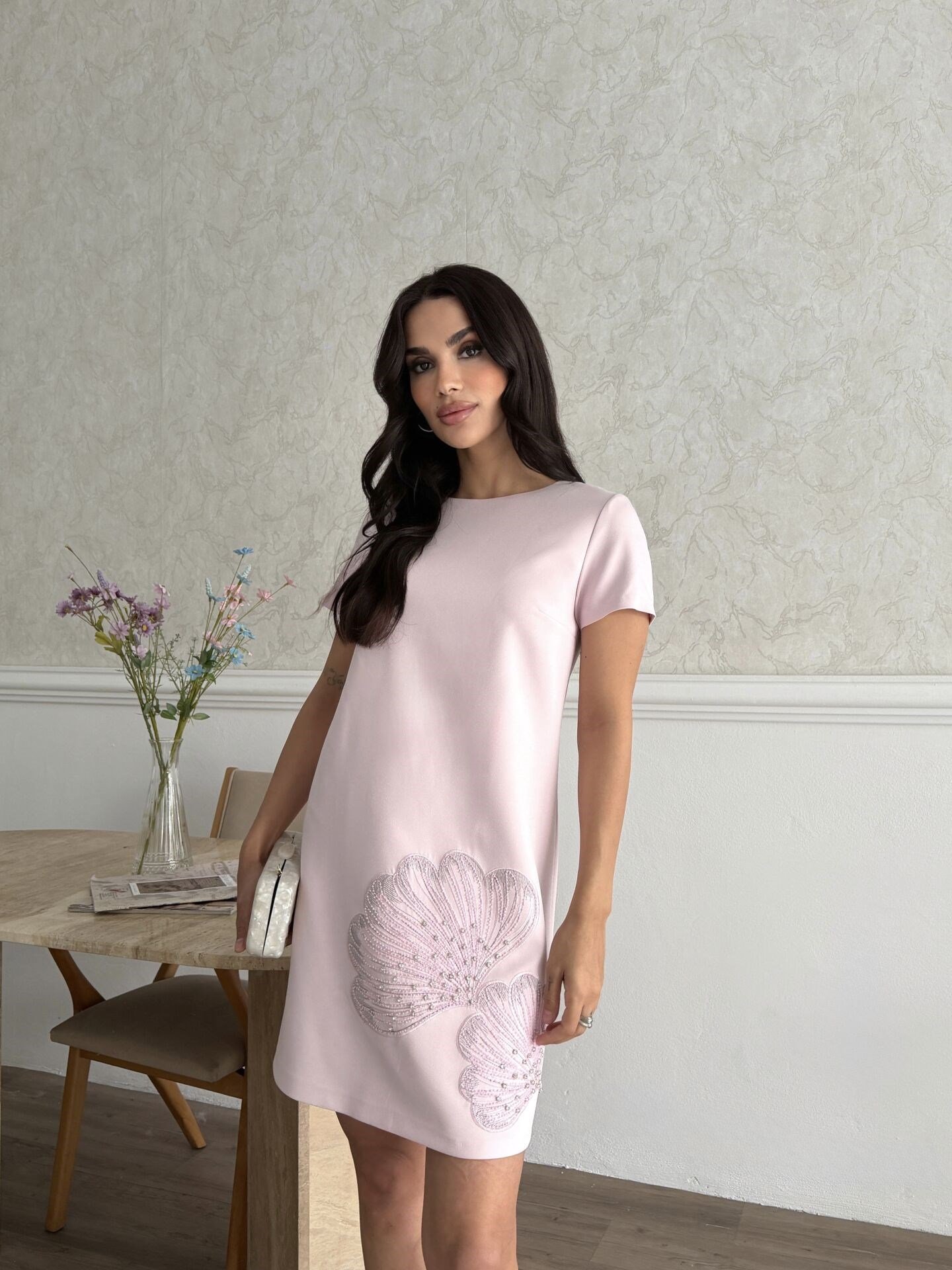 Nakış İşlemeli Elbise Pembe