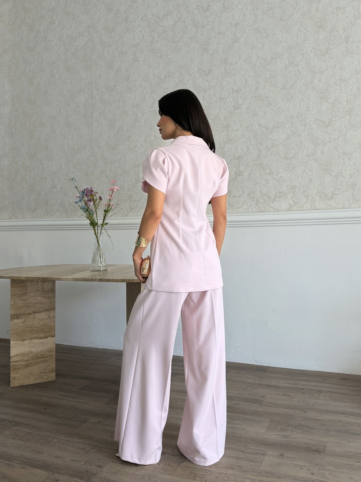Pile Kol Detaylı Takım Pembe