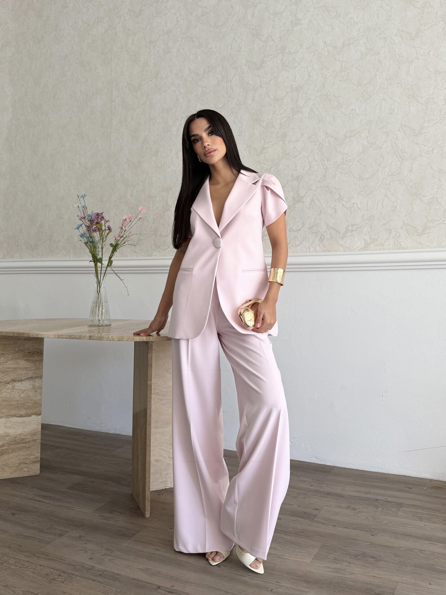 Pile Kol Detaylı Takım Pembe