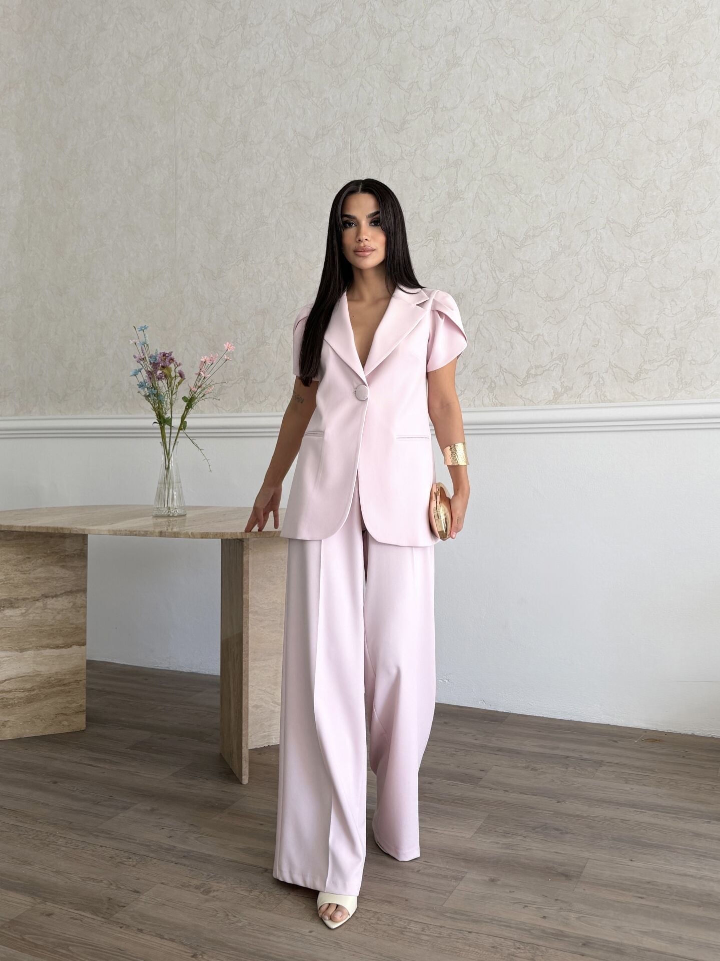 Pile Kol Detaylı Takım Pembe