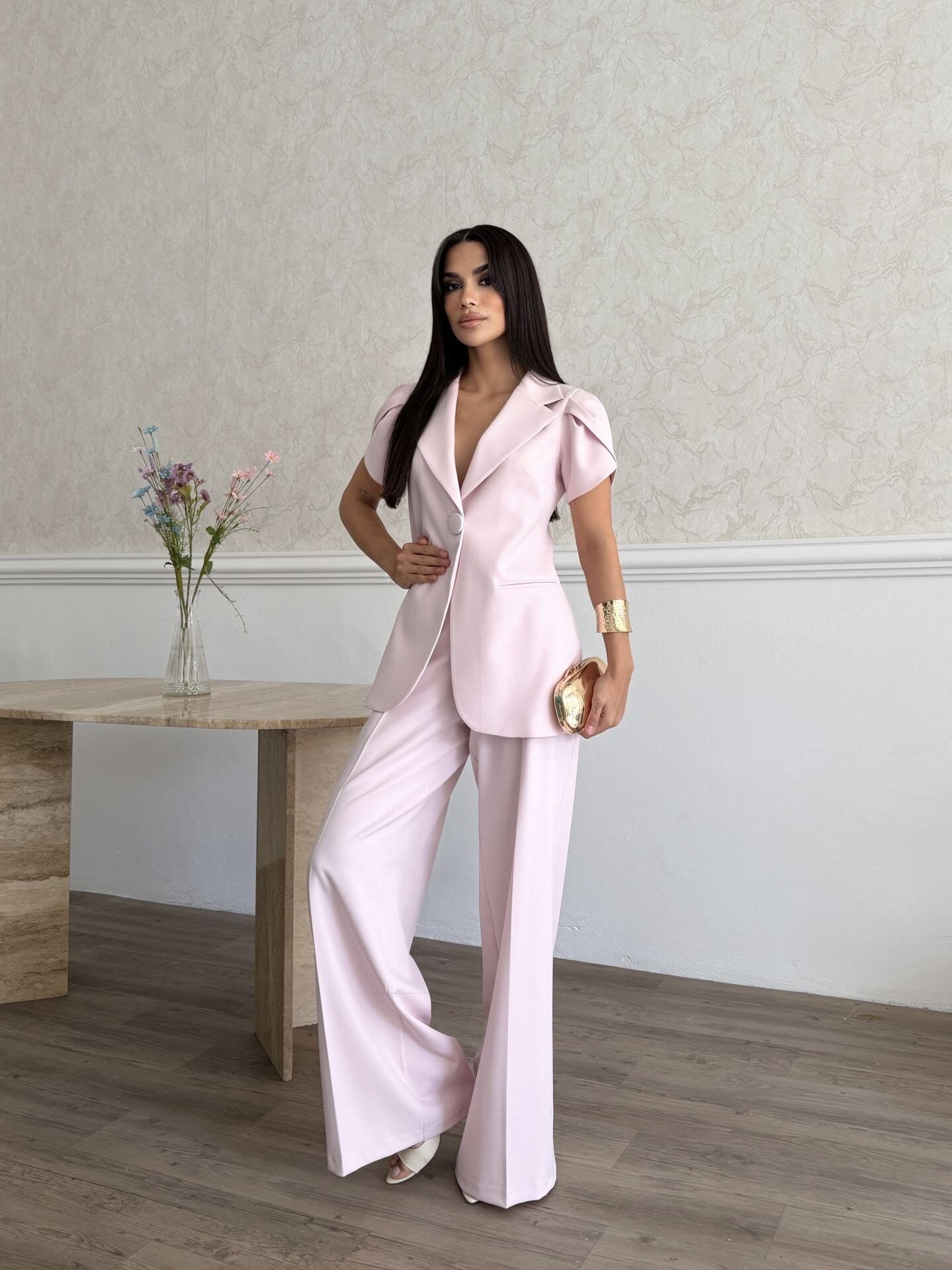 Pile Kol Detaylı Takım Pembe