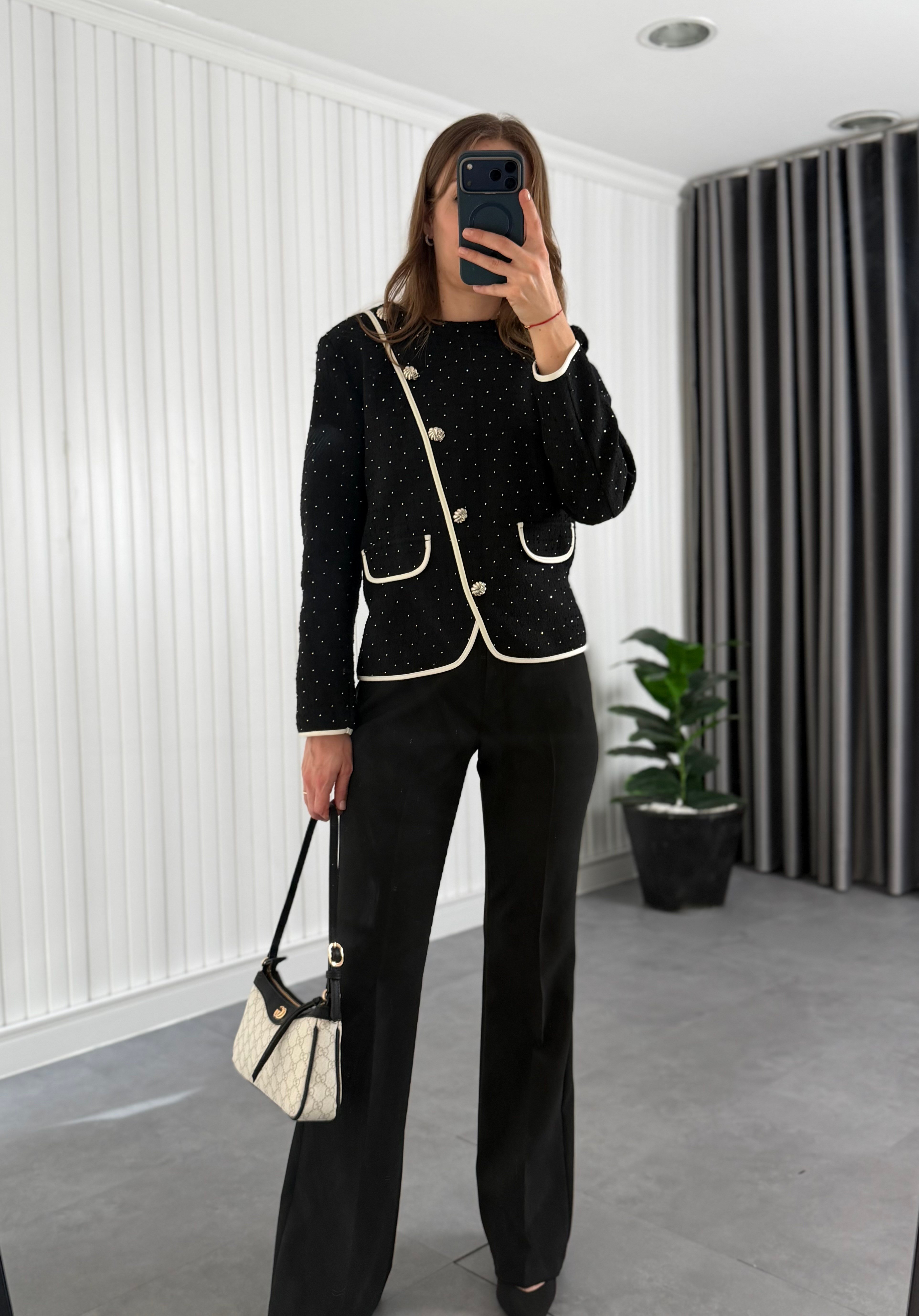Taş Detaylı Bluz Pantalon Takım Siyah