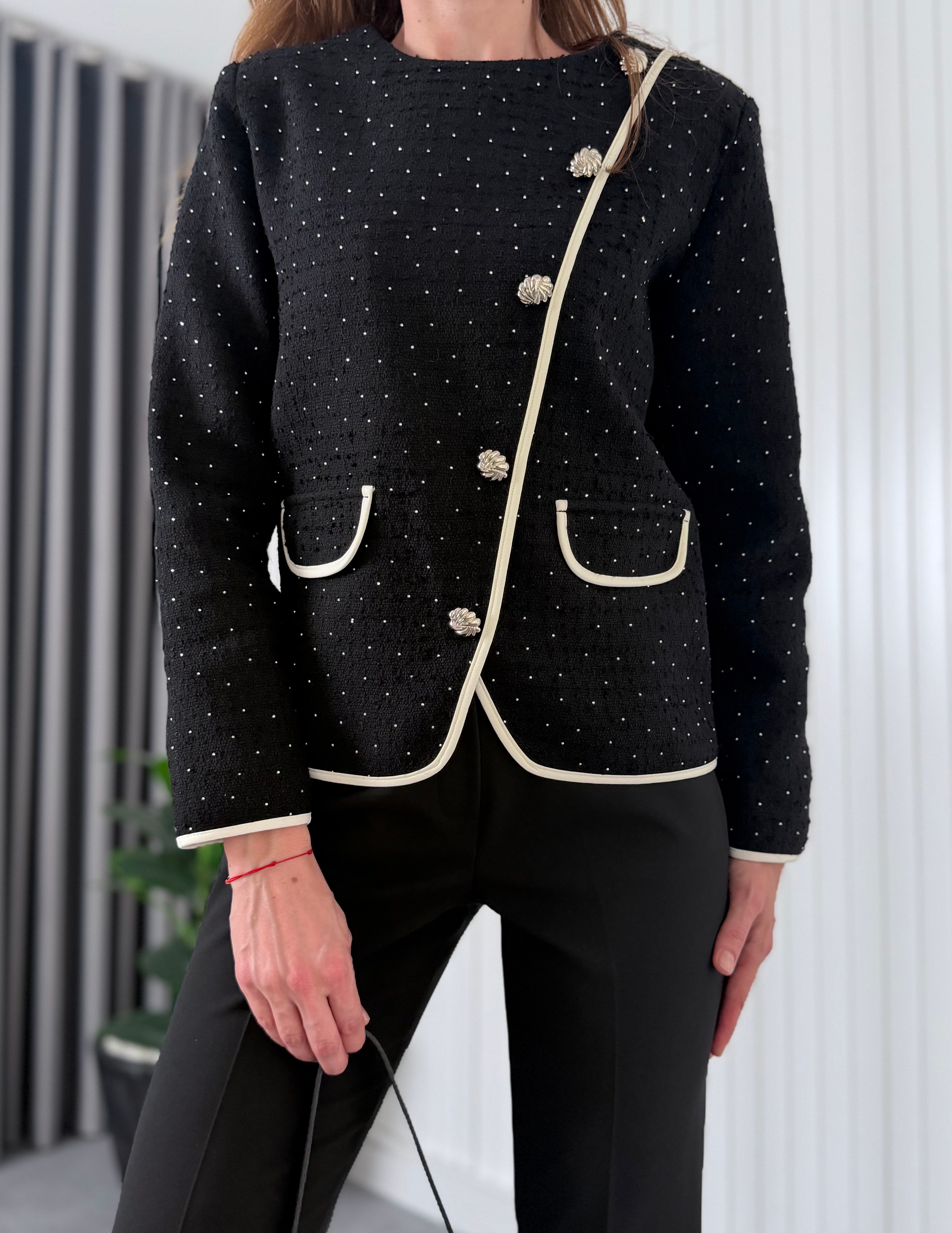Taş Detaylı Bluz Pantalon Takım Siyah
