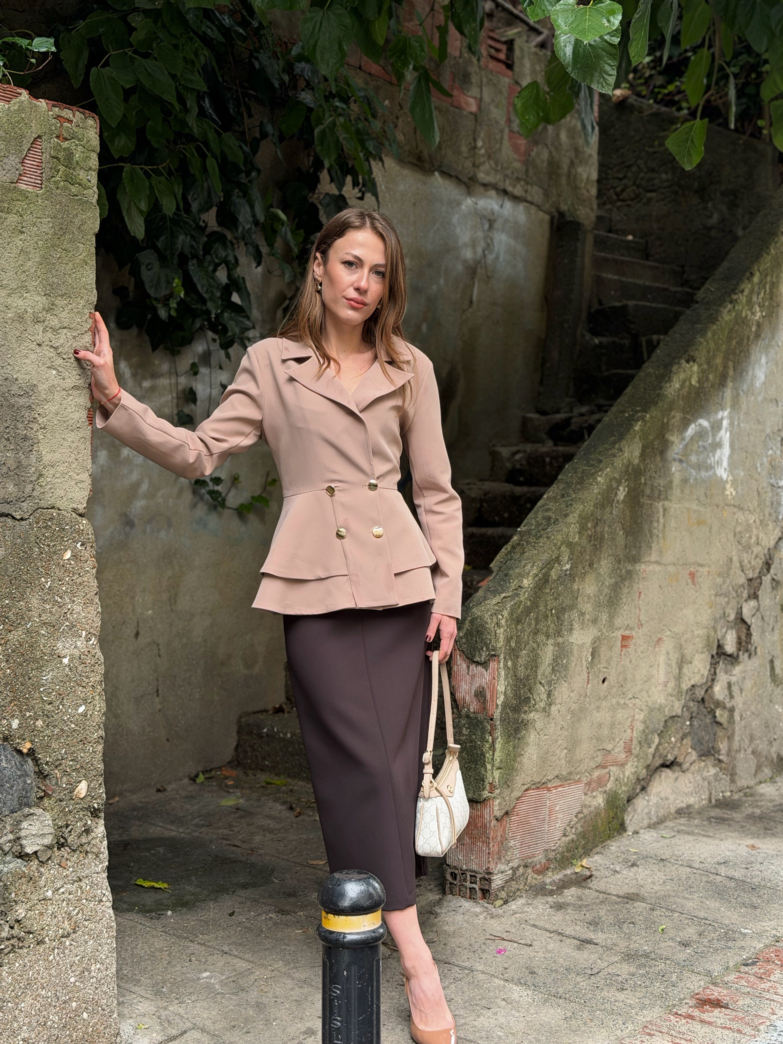 Volanlı Blazer Ceket-Bej
