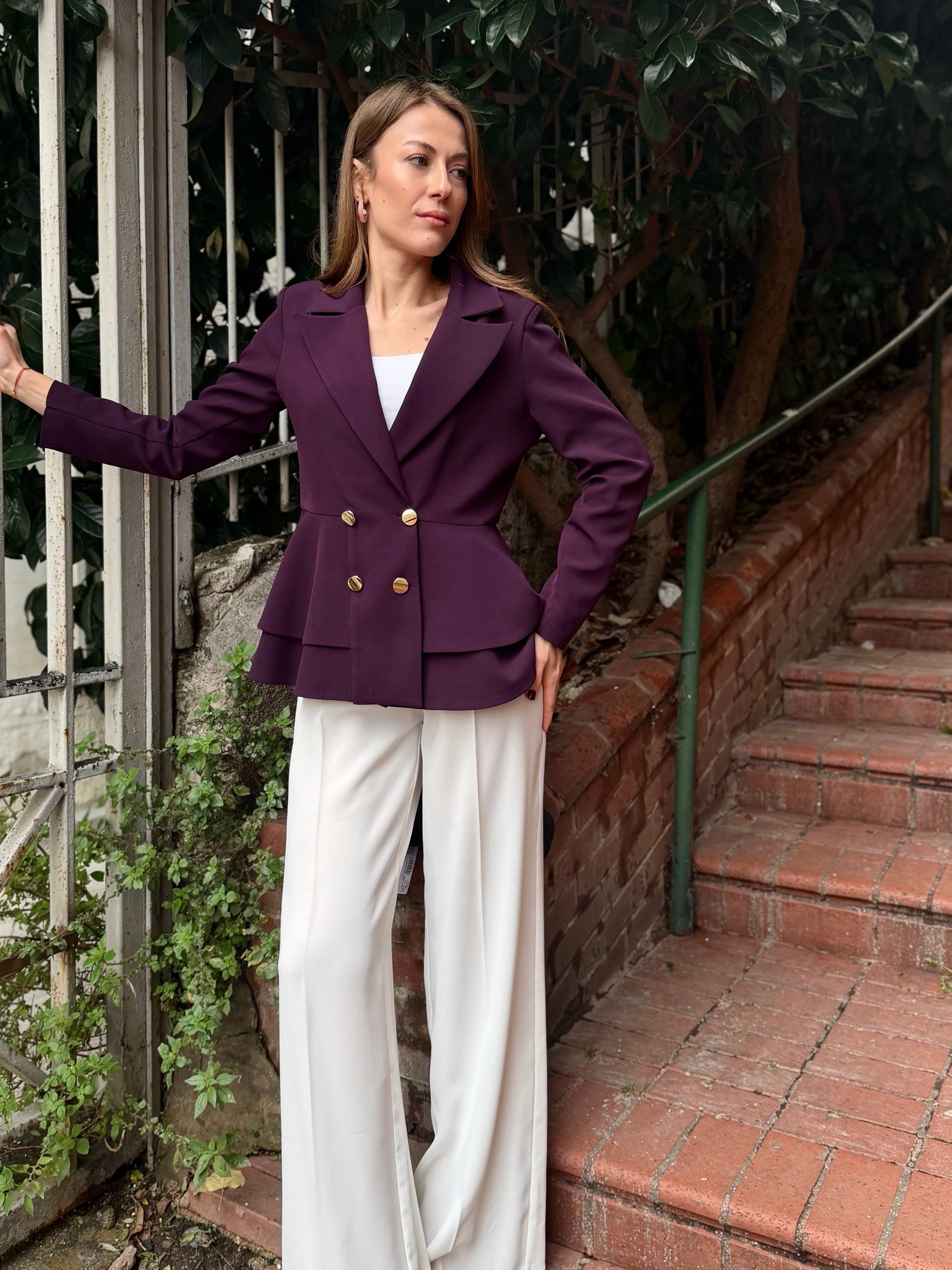 Volanlı Blazer Ceket-Mor