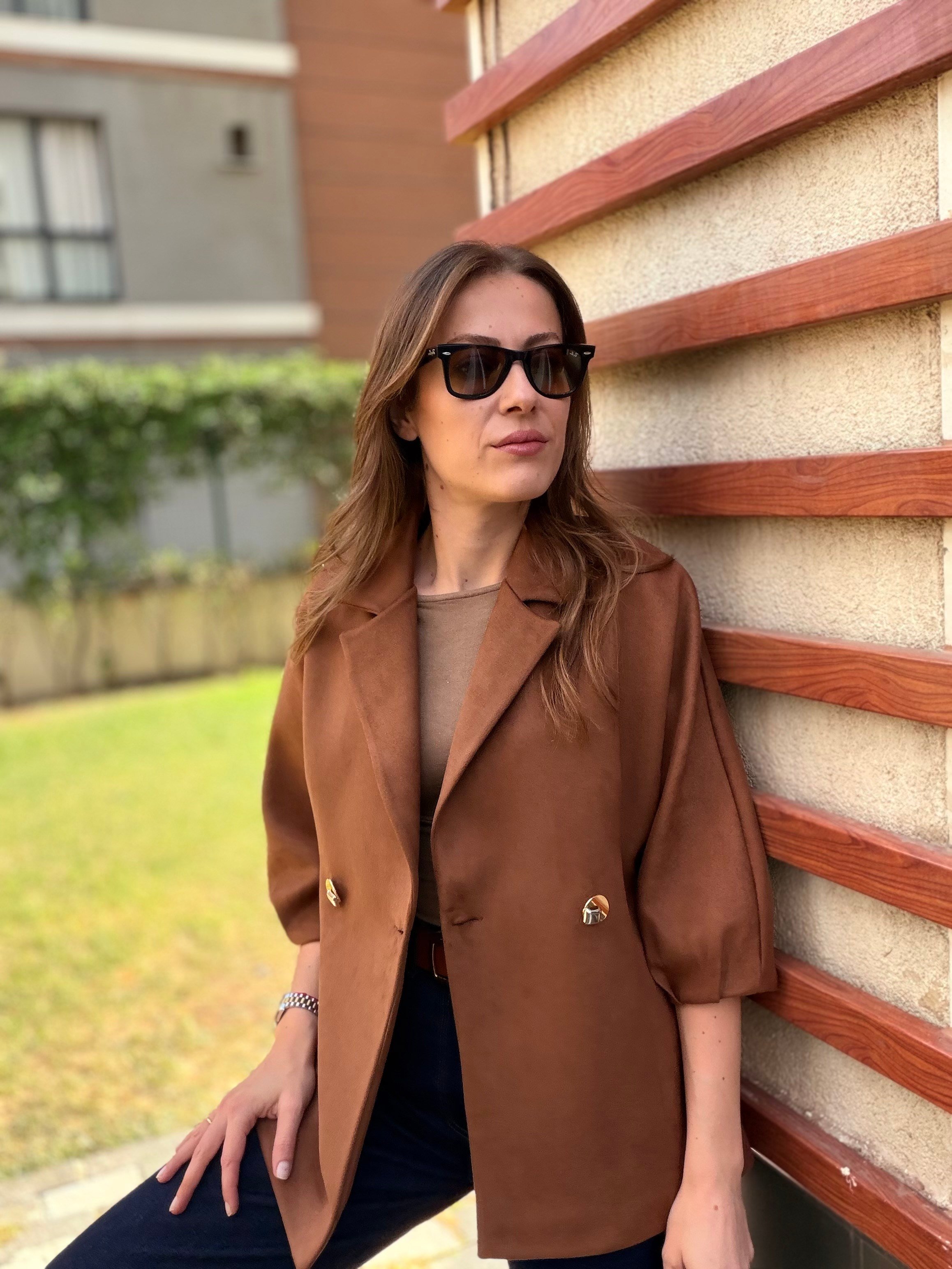 Yarım Kollu Süet Ceket Taba