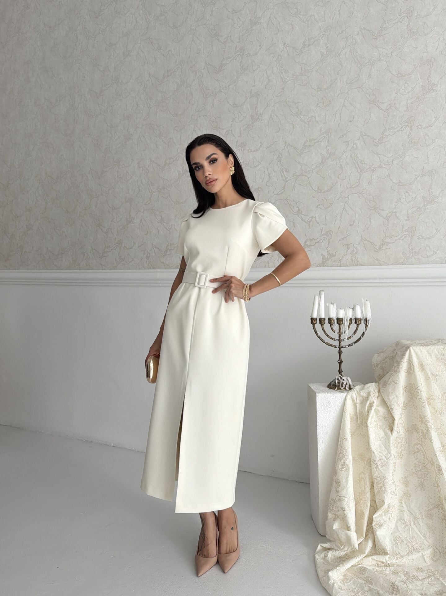 Yırtmaç Detaylı Elbise Tereyağ