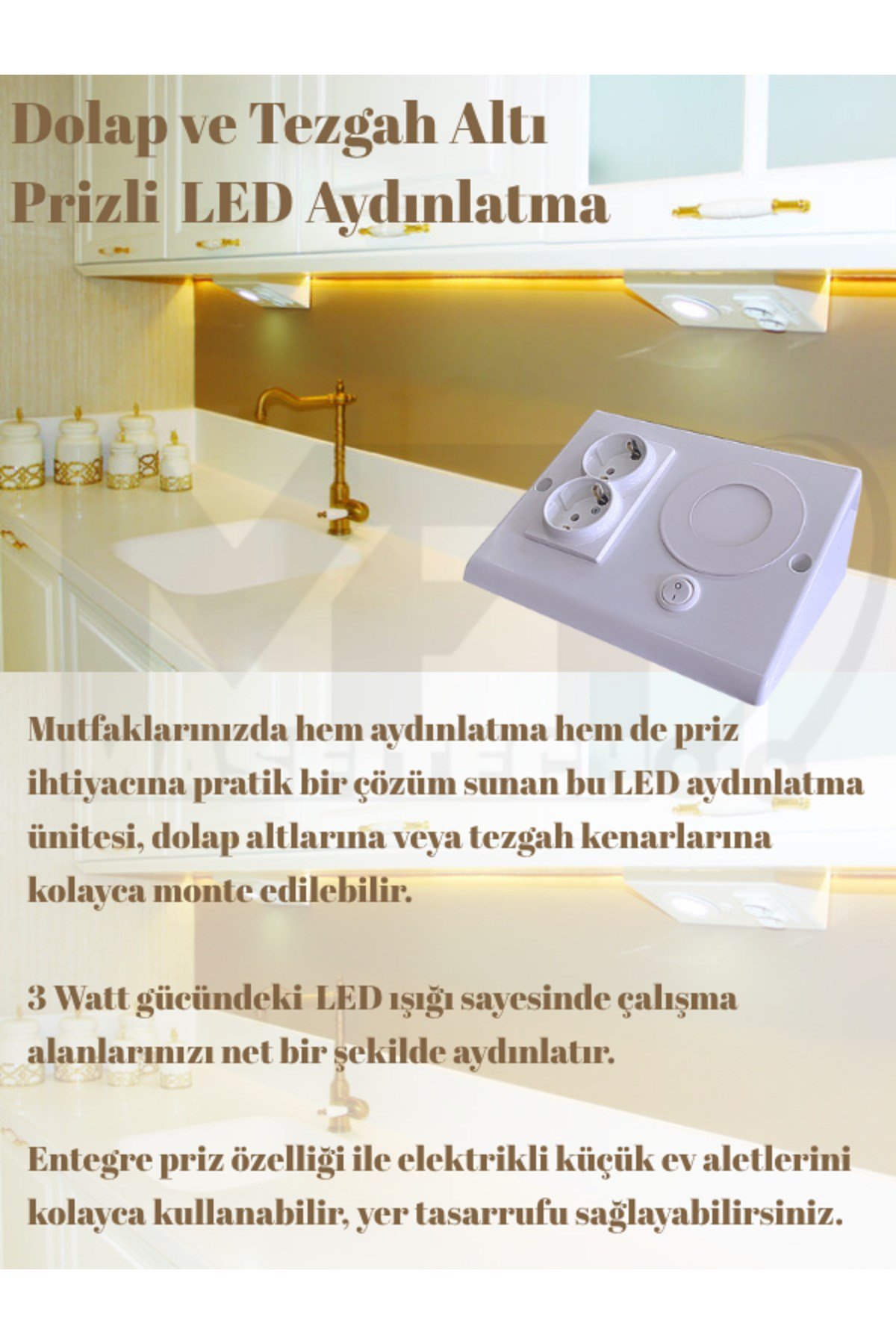 Dolap Altı Priz – LED Işıklı Mutfak Tezgah Prizi | 3W Beyaz Işık (Beyaz Kasa)