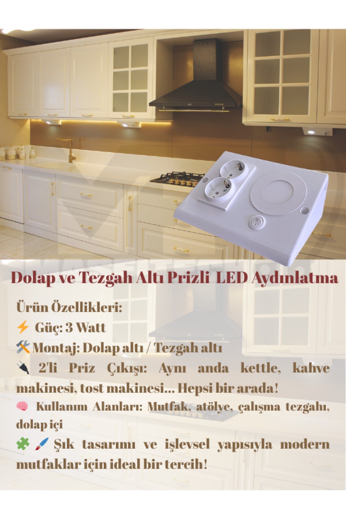 Dolap Altı Priz – LED Işıklı Mutfak Tezgah Prizi | 3W Beyaz Işık (Beyaz Kasa)