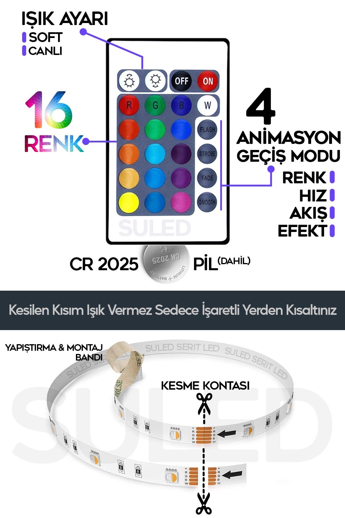 Şerit Led 5 Metre Animasyonlu Tak Çalıştır Kumandalı Trafolu Rgb Şerit Işık Aydınlatma Parti Led