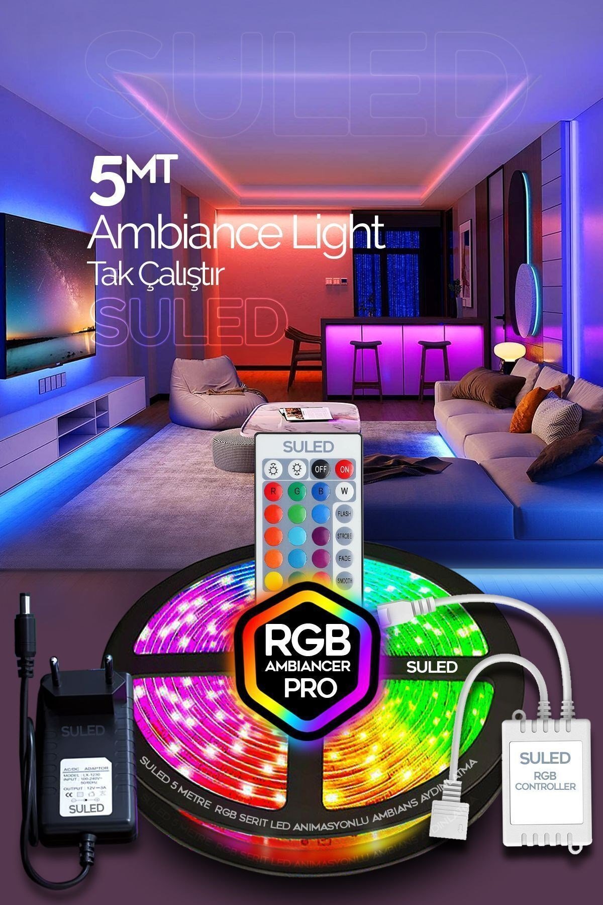 Şerit Led 5 Metre Animasyonlu Tak Çalıştır Kumandalı Trafolu Rgb Şerit Işık Aydınlatma Parti Led