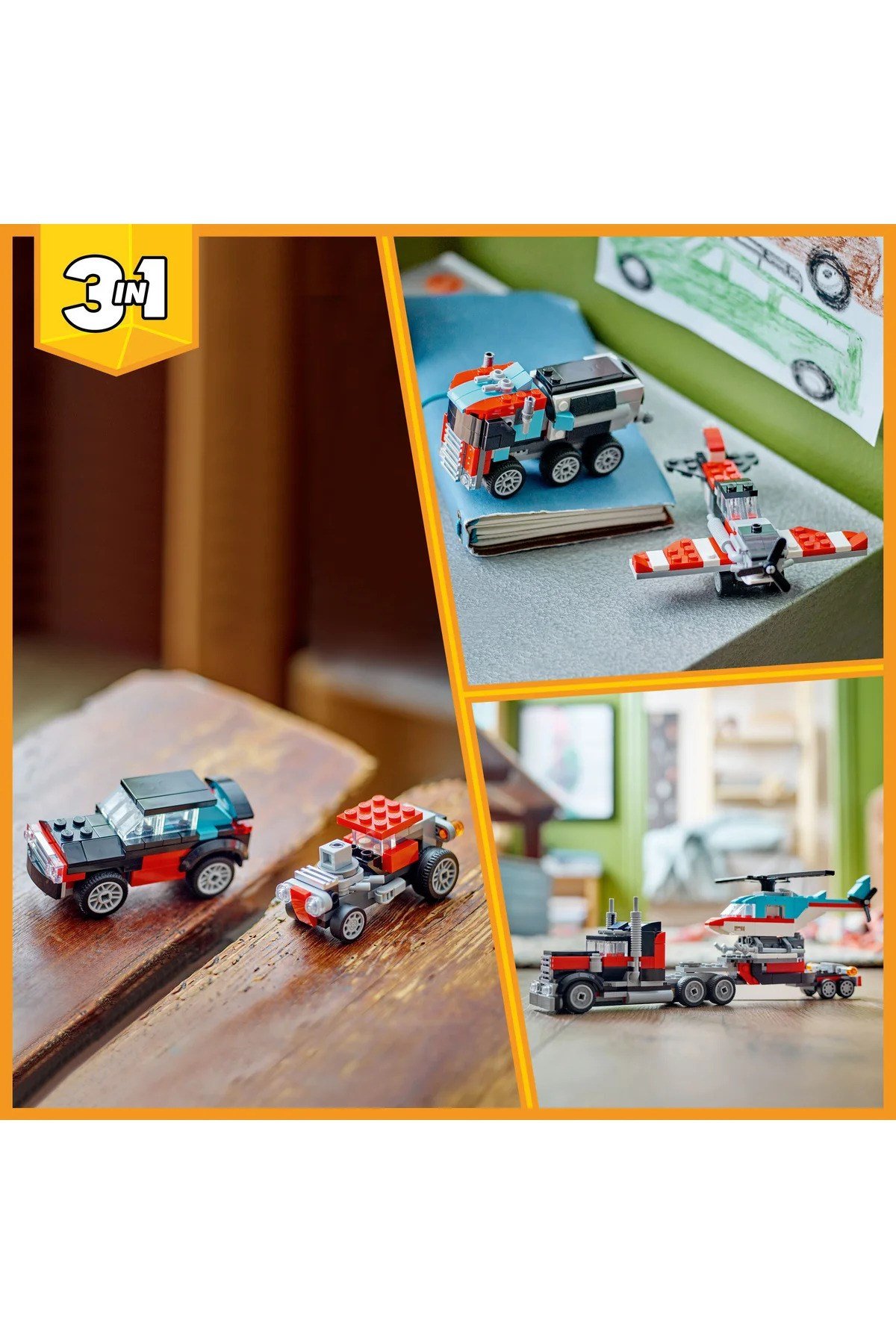 ® Creator 3'ü 1 Arada Helikopterli Açık Kasa Kamyon 31146 - 7+ Yaratıcı Oyuncak Yapım Seti (270P)