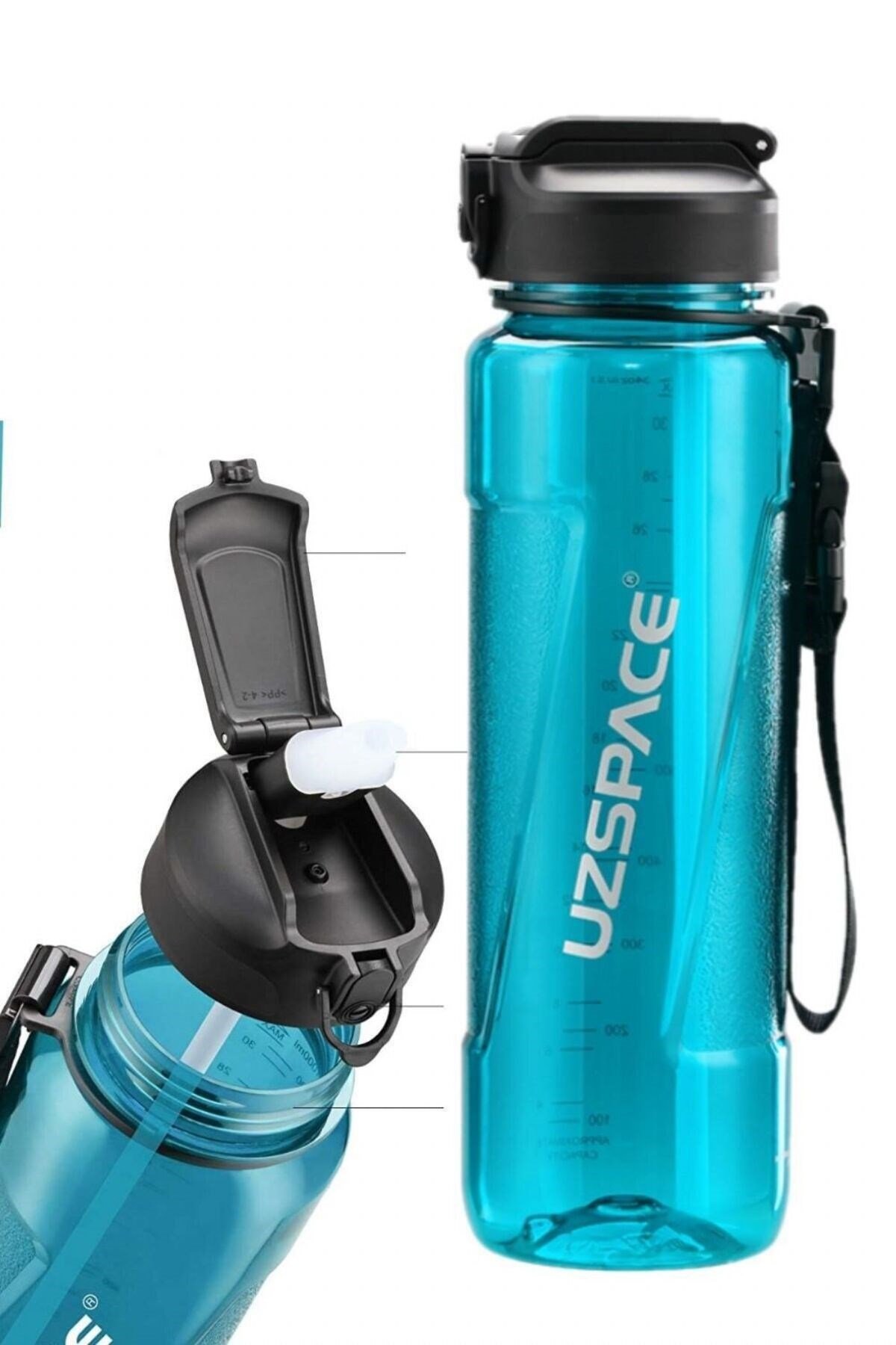 1000 ml Turkuaz Tritan Matara - Silikon Pipet Ağızlık - Kilitli Kapak