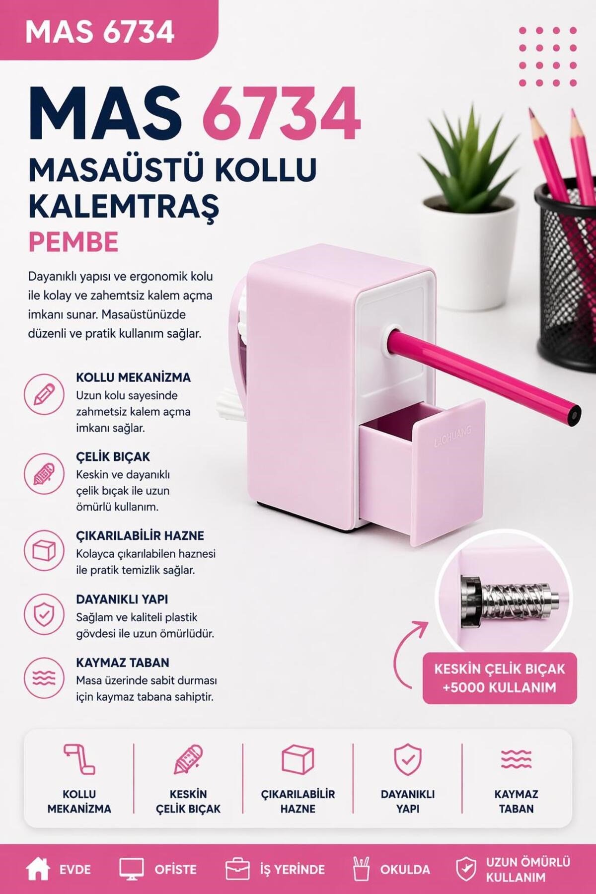 6734 Masaüstü Kollu Kalemtraş - Pembe