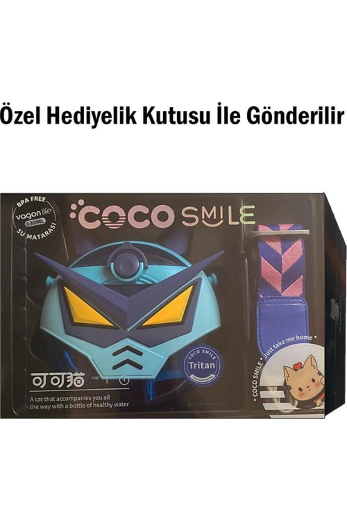 Coco Smile Cocosmile Özel Kutulu 630 ml Pipetli Robot Temalı Tritan Su Matarası -Boyun Askılı Mavi
