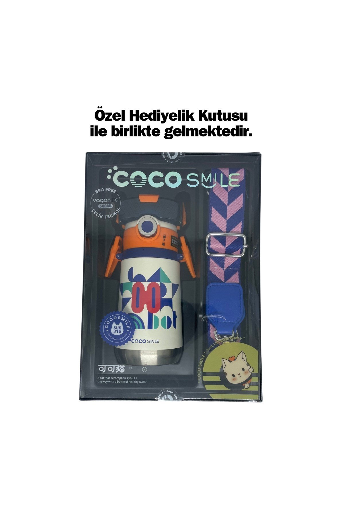 Cocosmile 500ml Yeni Koleksiyon Robot Temalı Pipetli Askılı Çelik Termos Çocuk Matarası