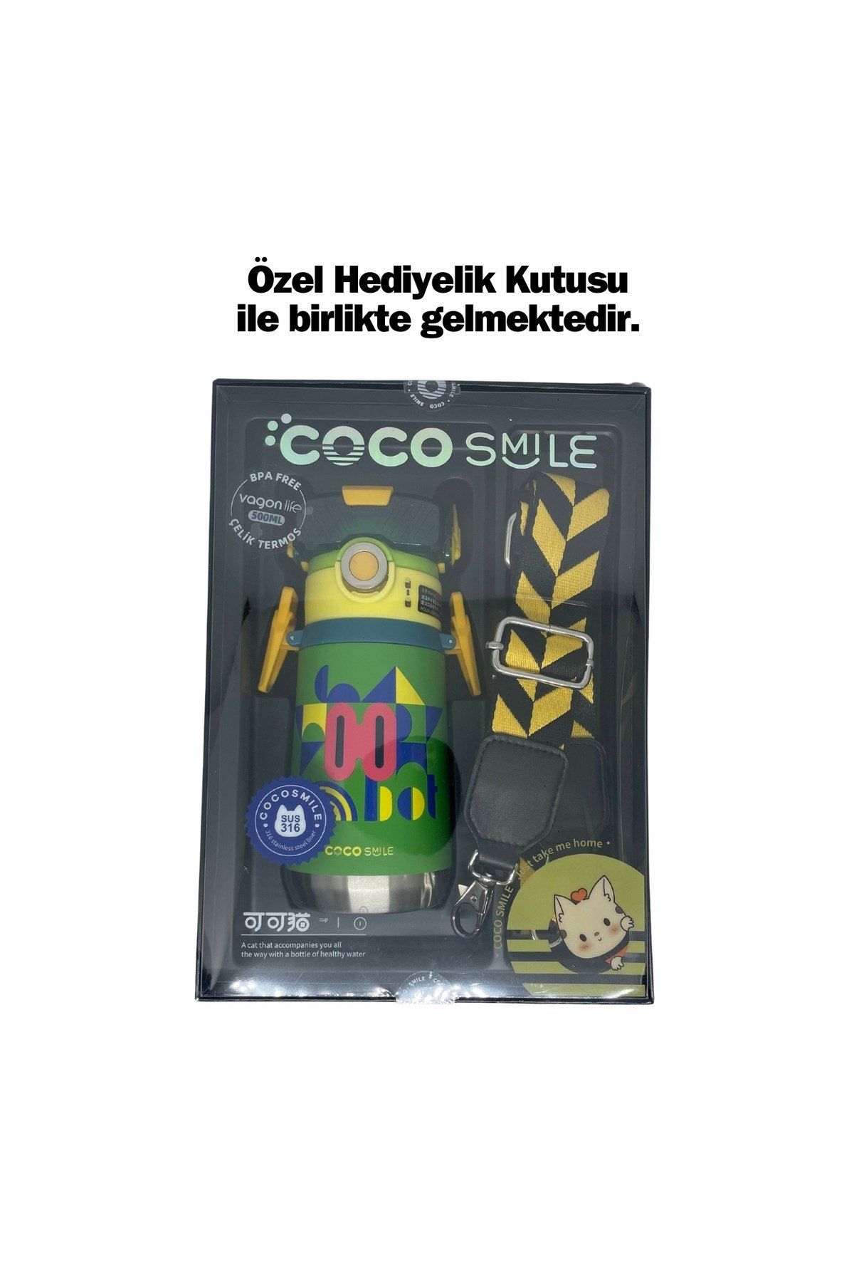 Cocosmile 500ml Yeni Koleksiyon Robot Temalı Pipetli Askılı Çelik Termos Çocuk Matarası