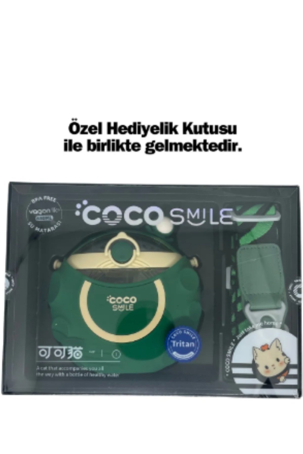 Cocosmile 630ml Silikon Sevimli Yeşil Dinozor Tema Kılıflı Pipetli Askılı Tritan Çocuk Matarası