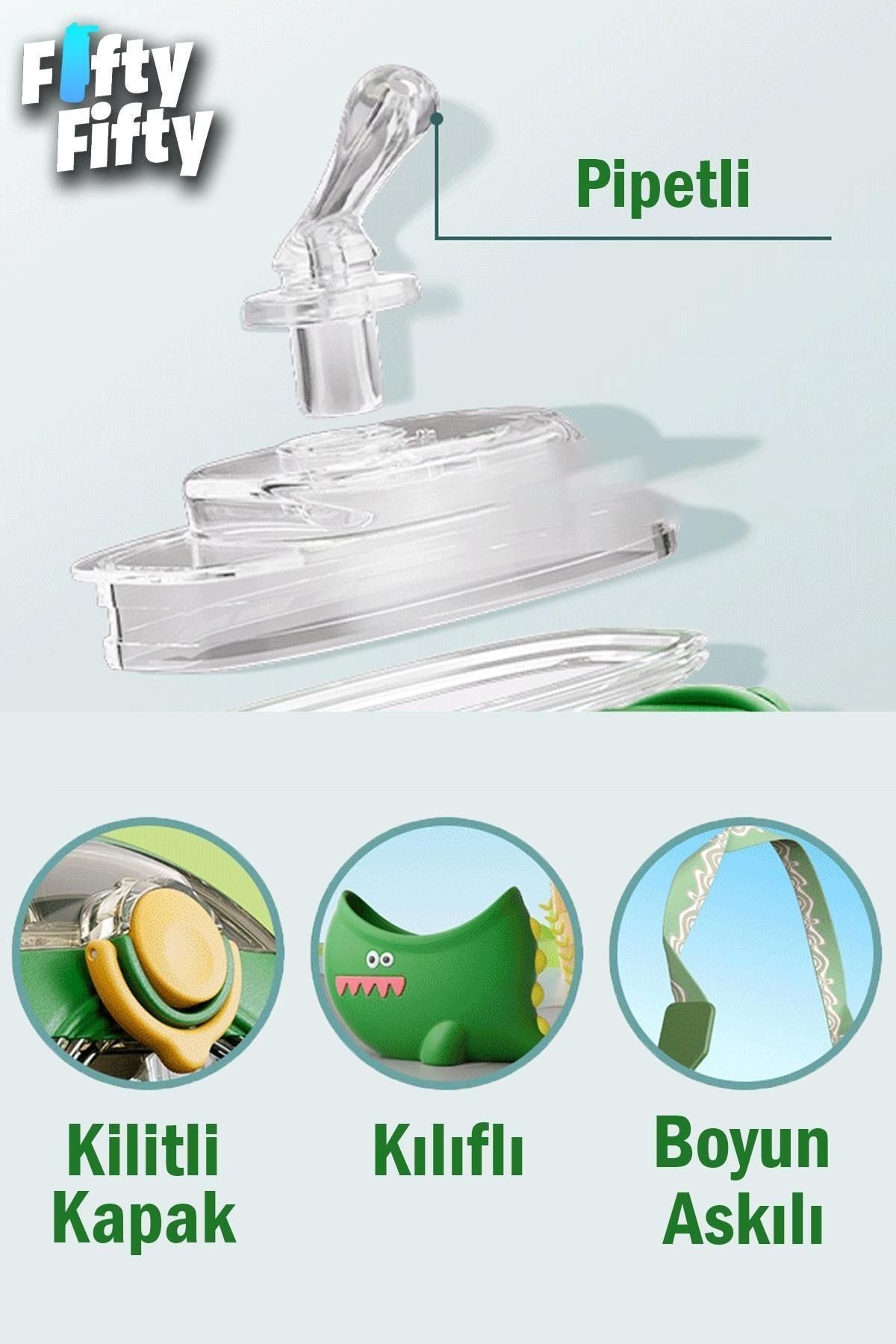 Cocosmile Özel Kutulu 630 ml Pipetli Dinazor Temalı Tritan Su Matarası -boyun Askılı- 2 Farklı Renk