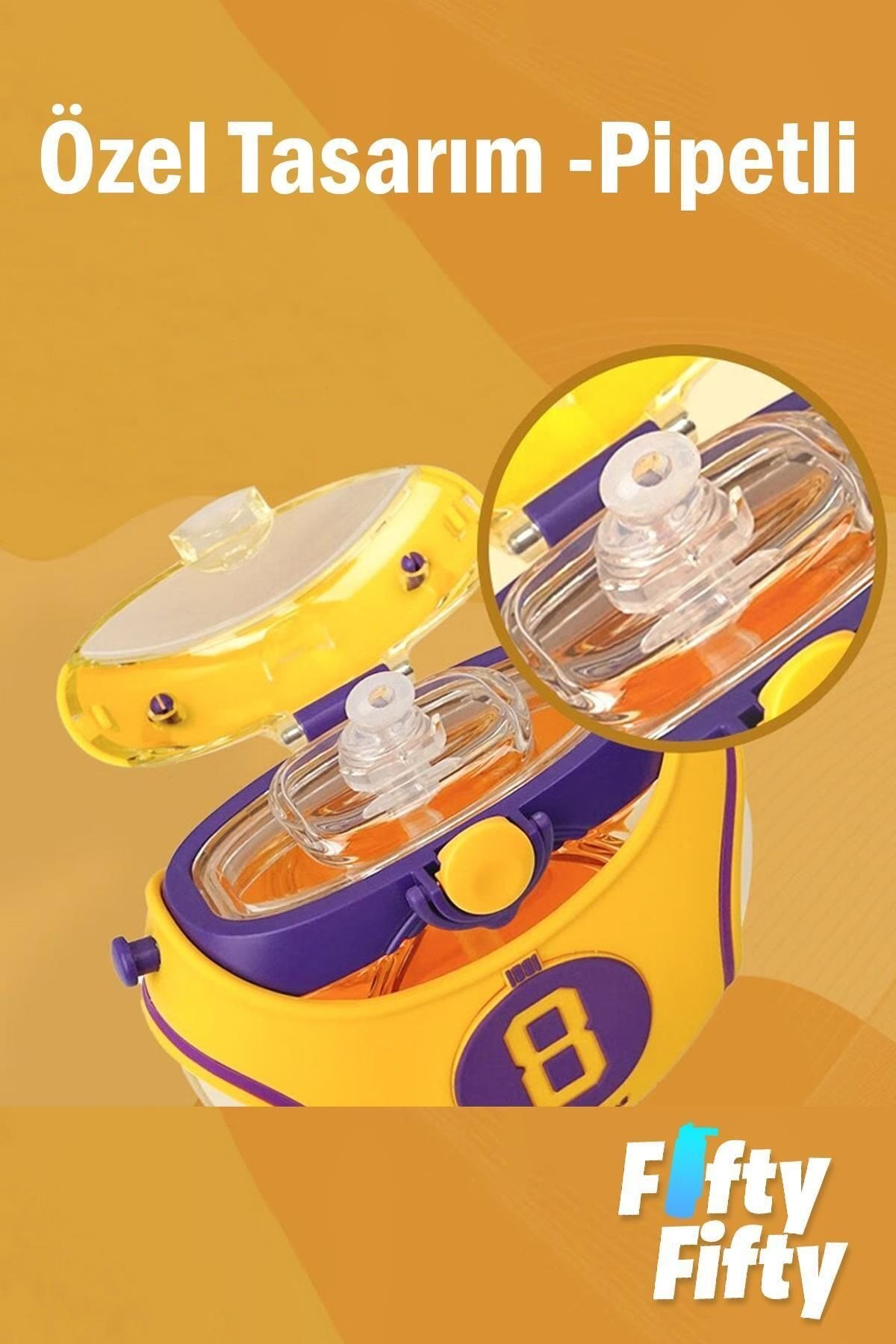CocoSmile Özel Kutulu 630 ML Pipetli NBA Lakers Temalı Tritan Su Matarası Boyun Askılı 3 Farklı Renk
