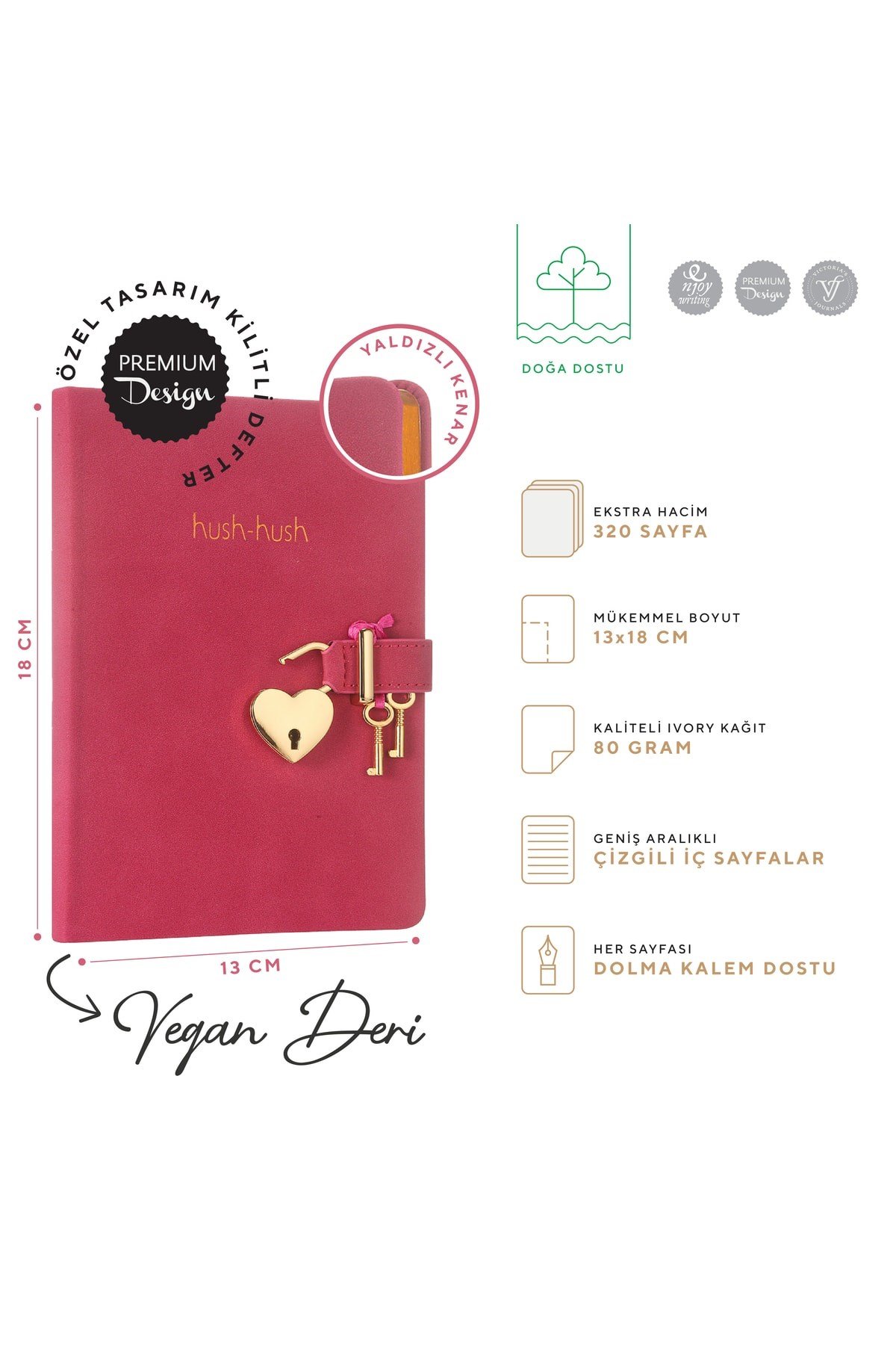 Fuşya Hush Hush Kilitli Defter 13x18
