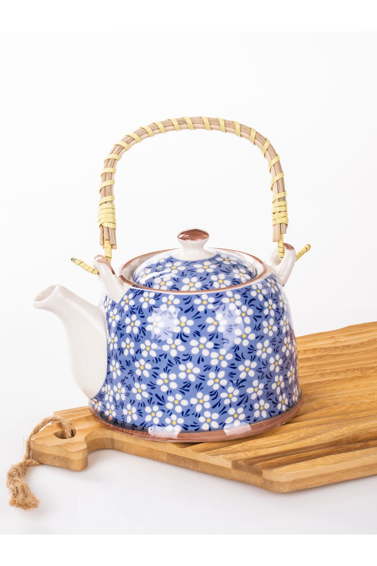 Hasır Saplı Porselen Demlik  Çiçek Desenli, 900ml Çay , Kahve , Bitki çayı Sunum