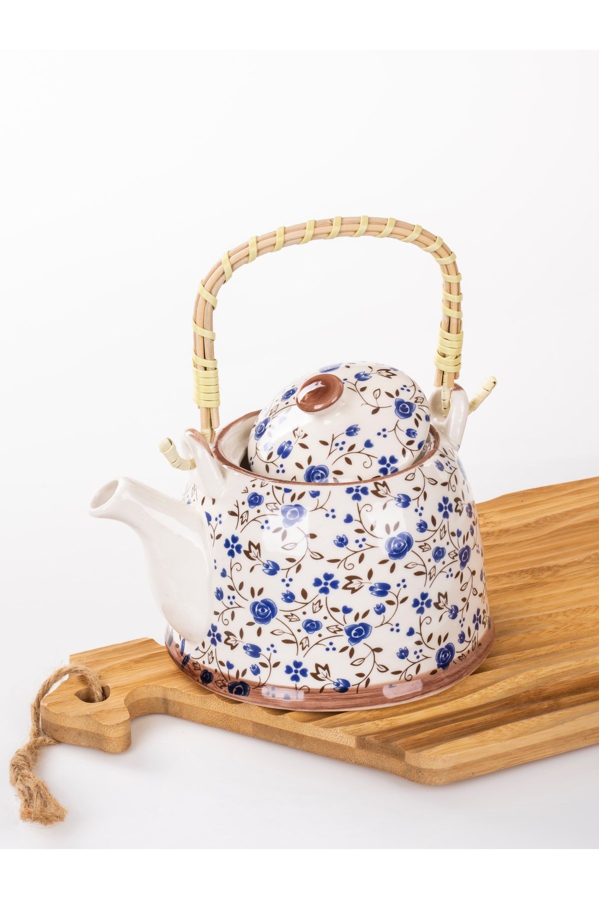 Hasır Saplı Porselen Demlik  Çiçek Desenli, 900ml Çay , Kahve , Bitki çayı Sunum