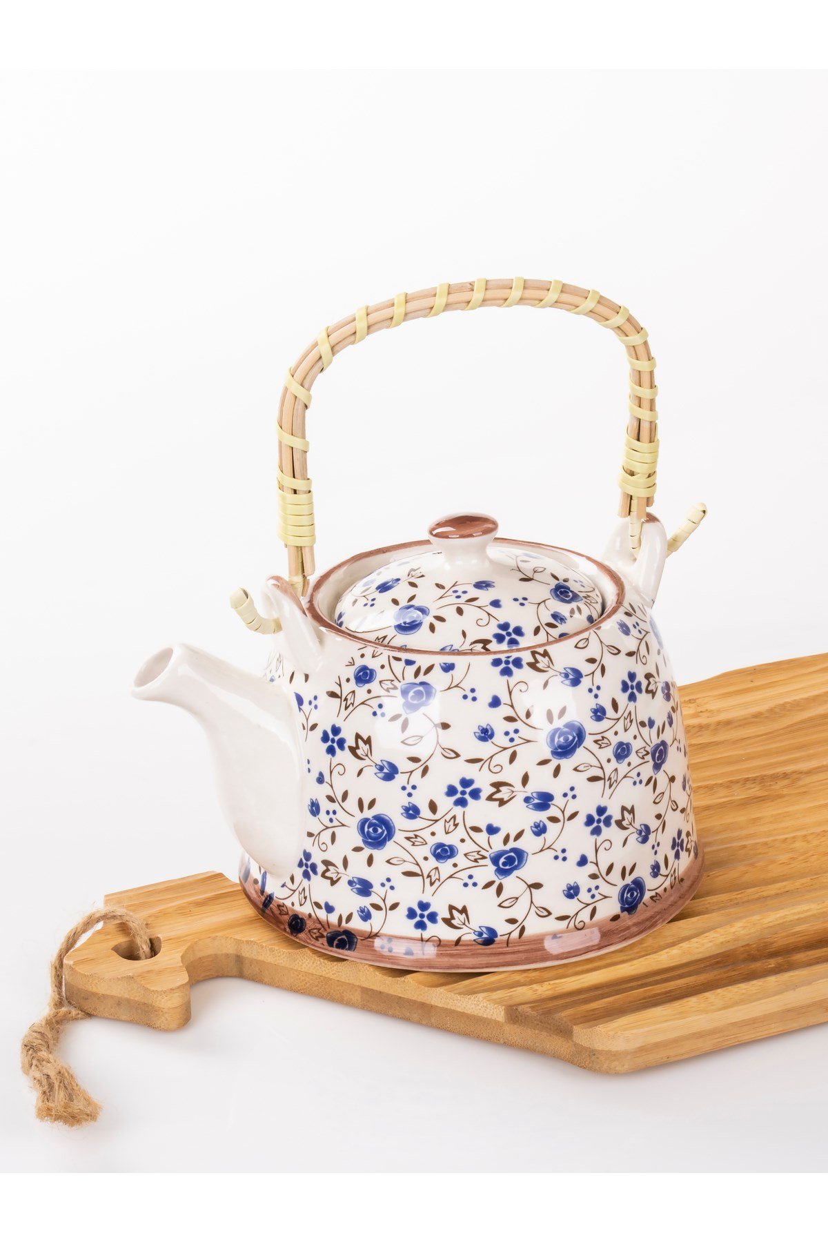 Hasır Saplı Porselen Demlik  Çiçek Desenli, 900ml Çay , Kahve , Bitki çayı Sunum