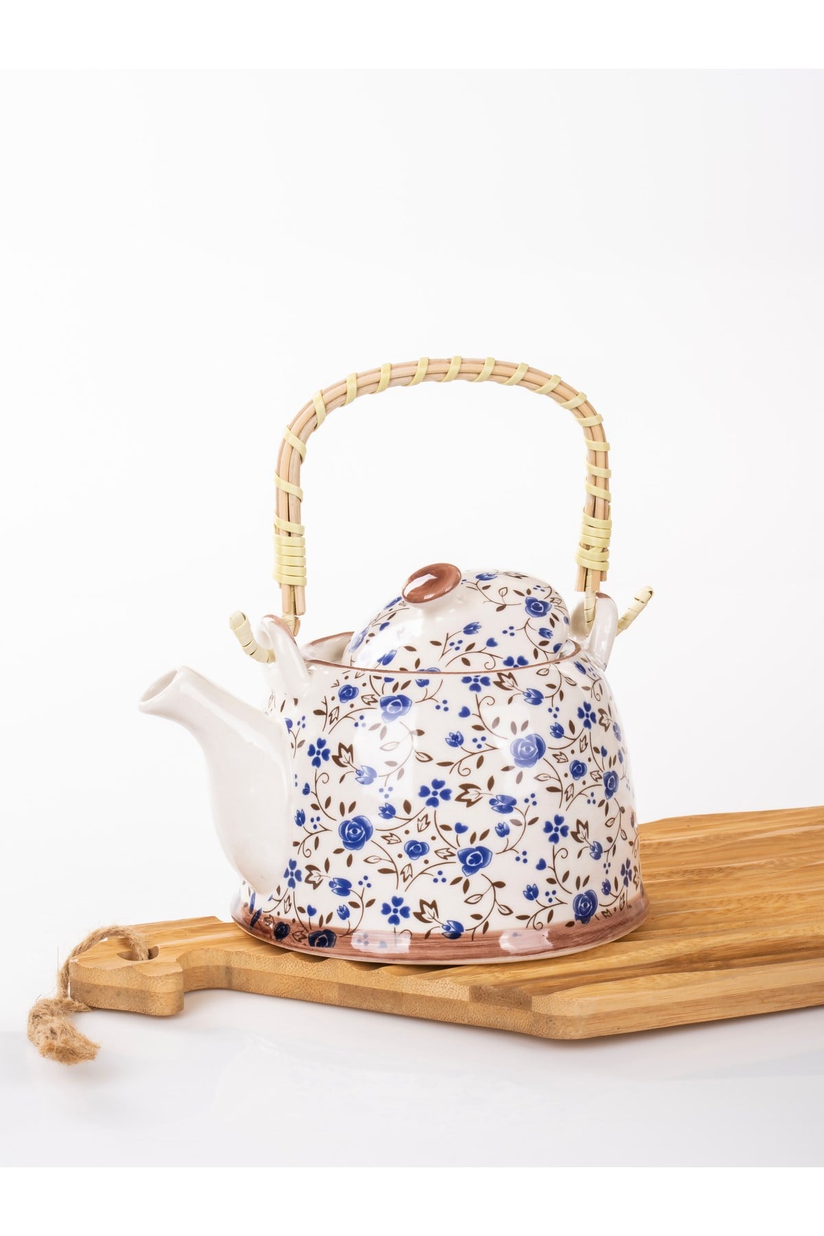 Hasır Saplı Porselen Demlik  Çiçek Desenli, 900ml Çay , Kahve , Bitki çayı Sunum