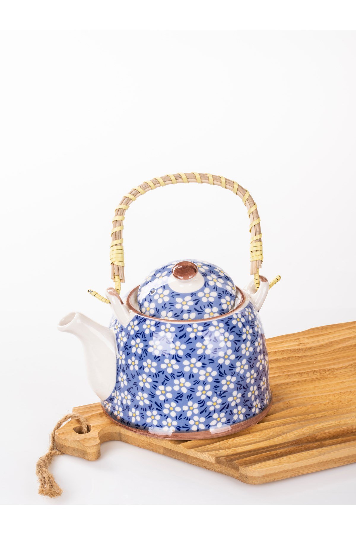 Hasır Saplı Porselen Demlik  Çiçek Desenli, 900ml Çay , Kahve , Bitki çayı Sunum