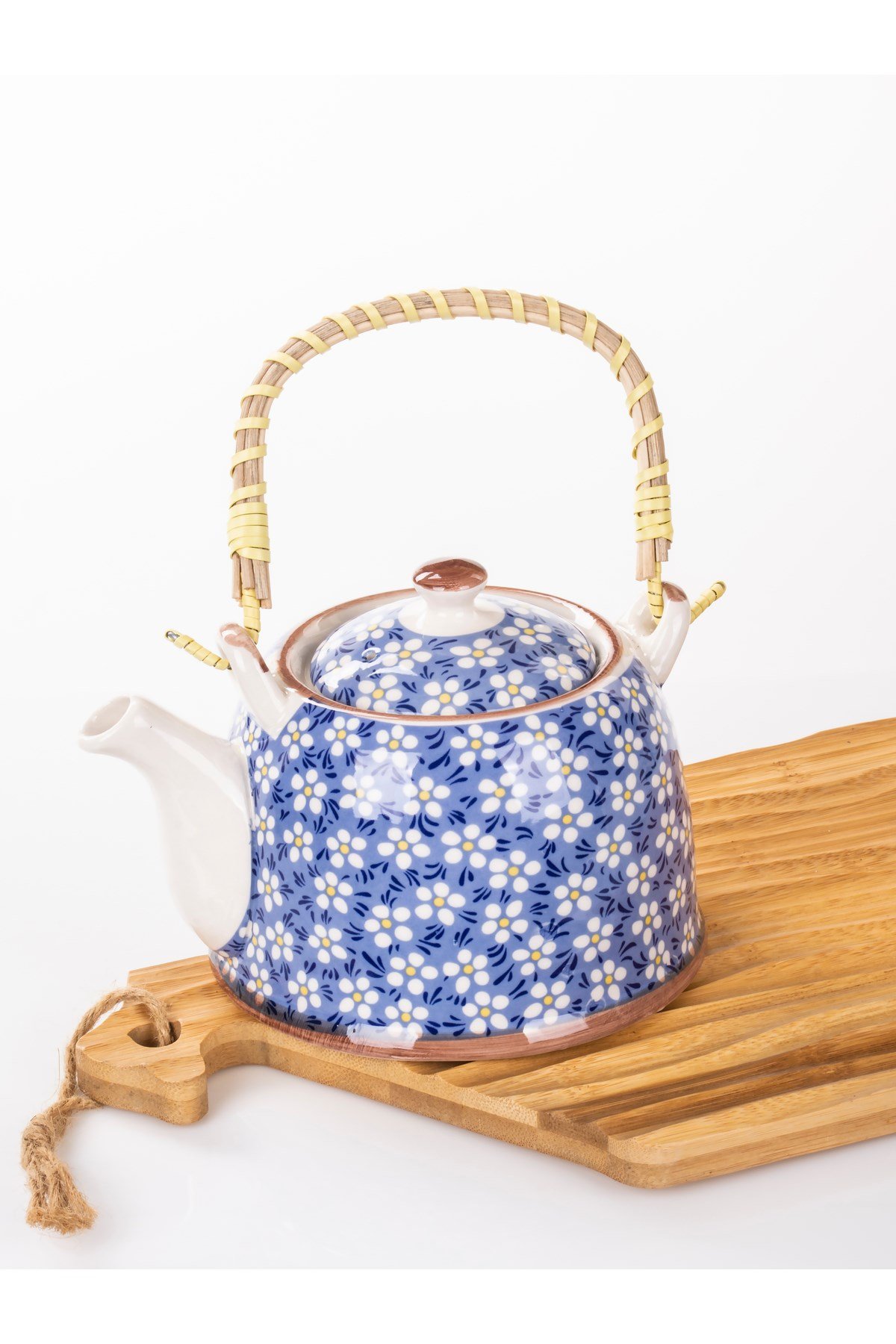Hasır Saplı Porselen Demlik  Çiçek Desenli, 900ml Çay , Kahve , Bitki çayı Sunum