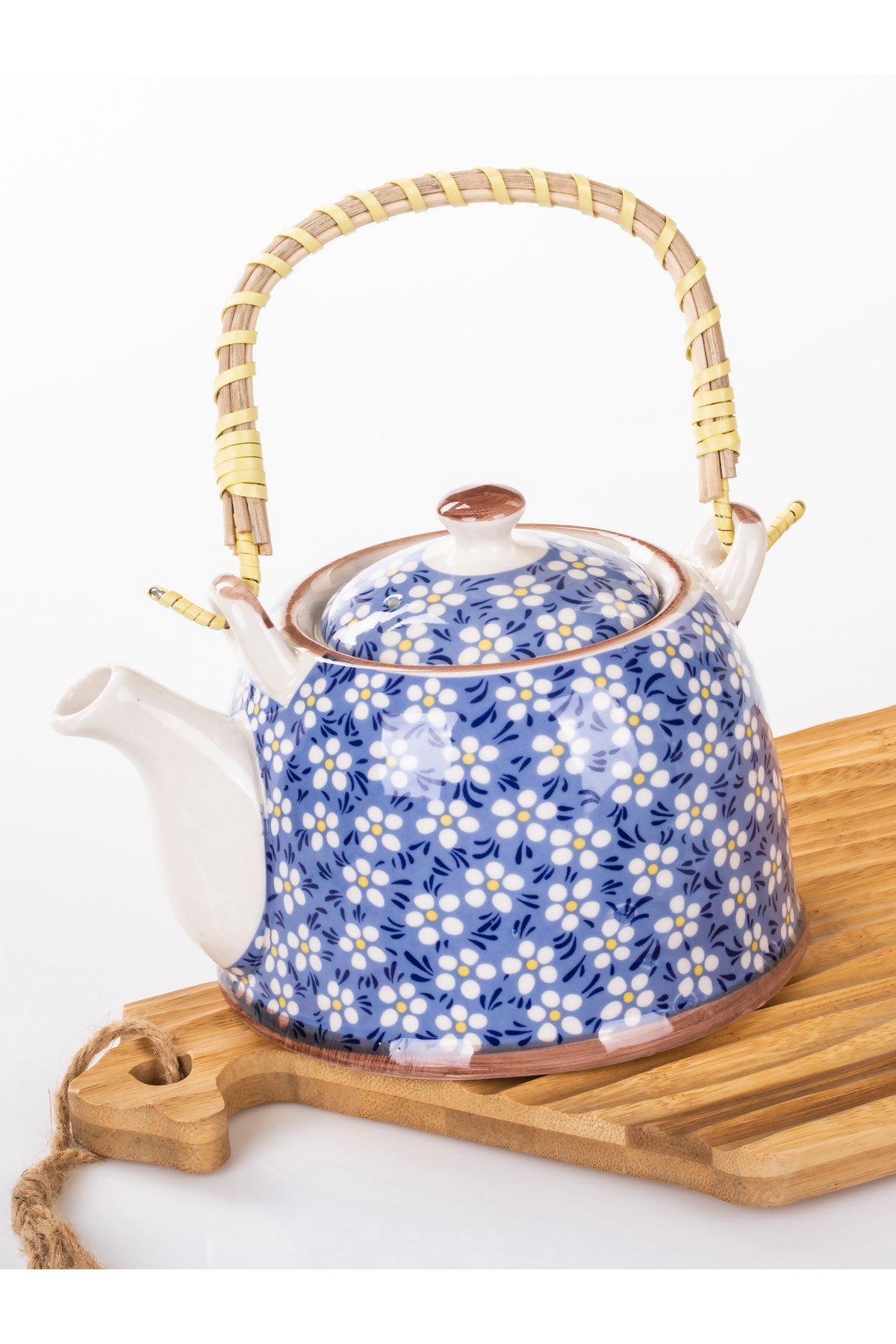 Hasır Saplı Porselen Demlik  Çiçek Desenli, 900ml Çay , Kahve , Bitki çayı Sunum