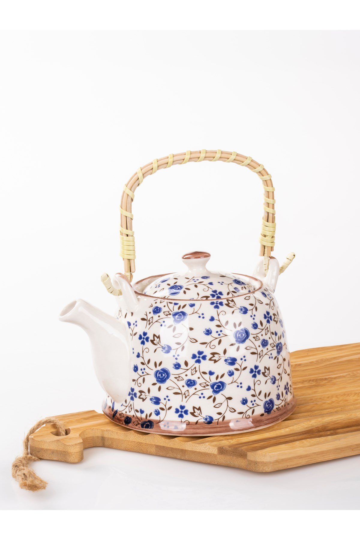 Hasır Saplı Porselen Demlik  Çiçek Desenli, 900ml Çay , Kahve , Bitki çayı Sunum