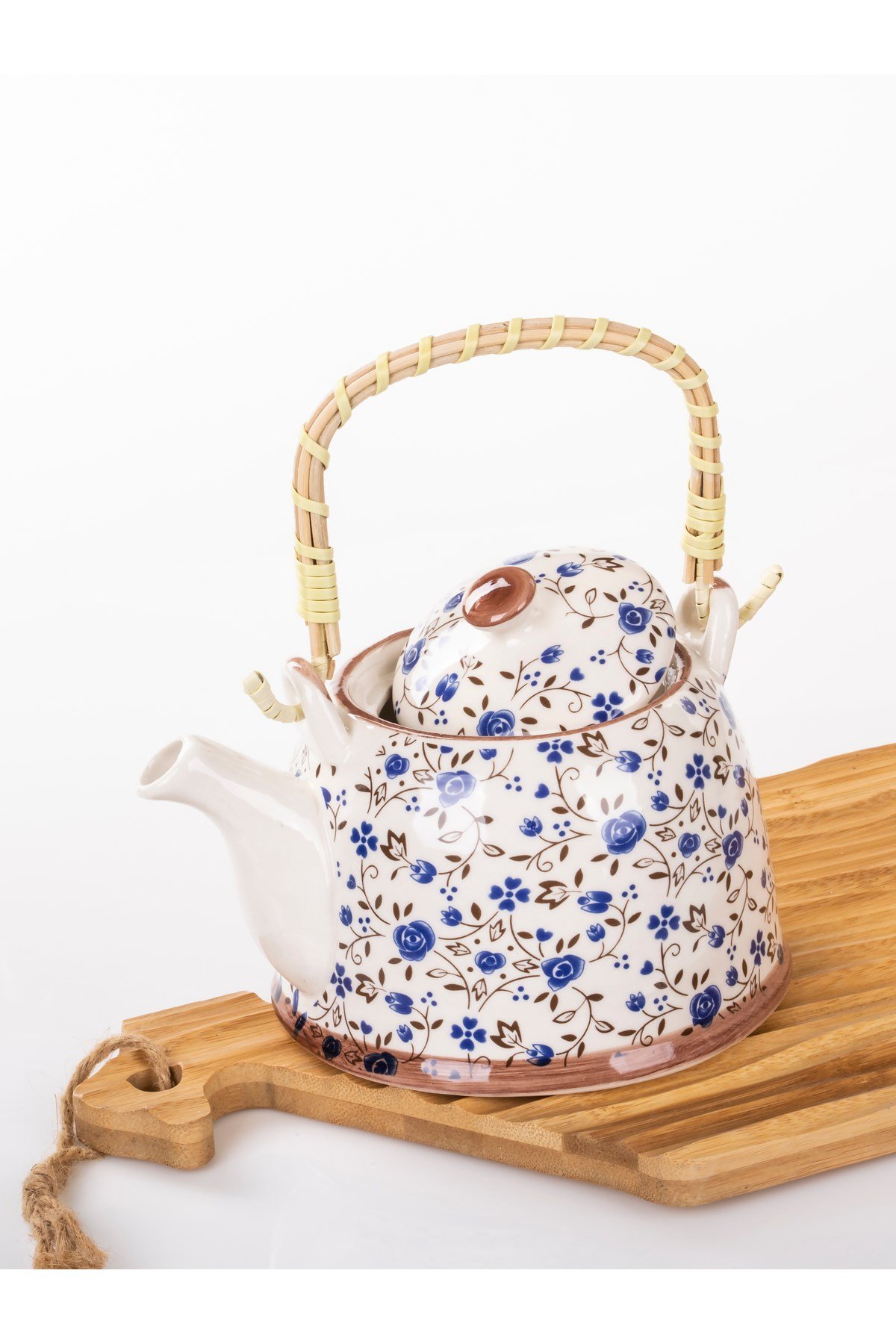 Hasır Saplı Porselen Demlik  Çiçek Desenli, 900ml Çay , Kahve , Bitki çayı Sunum