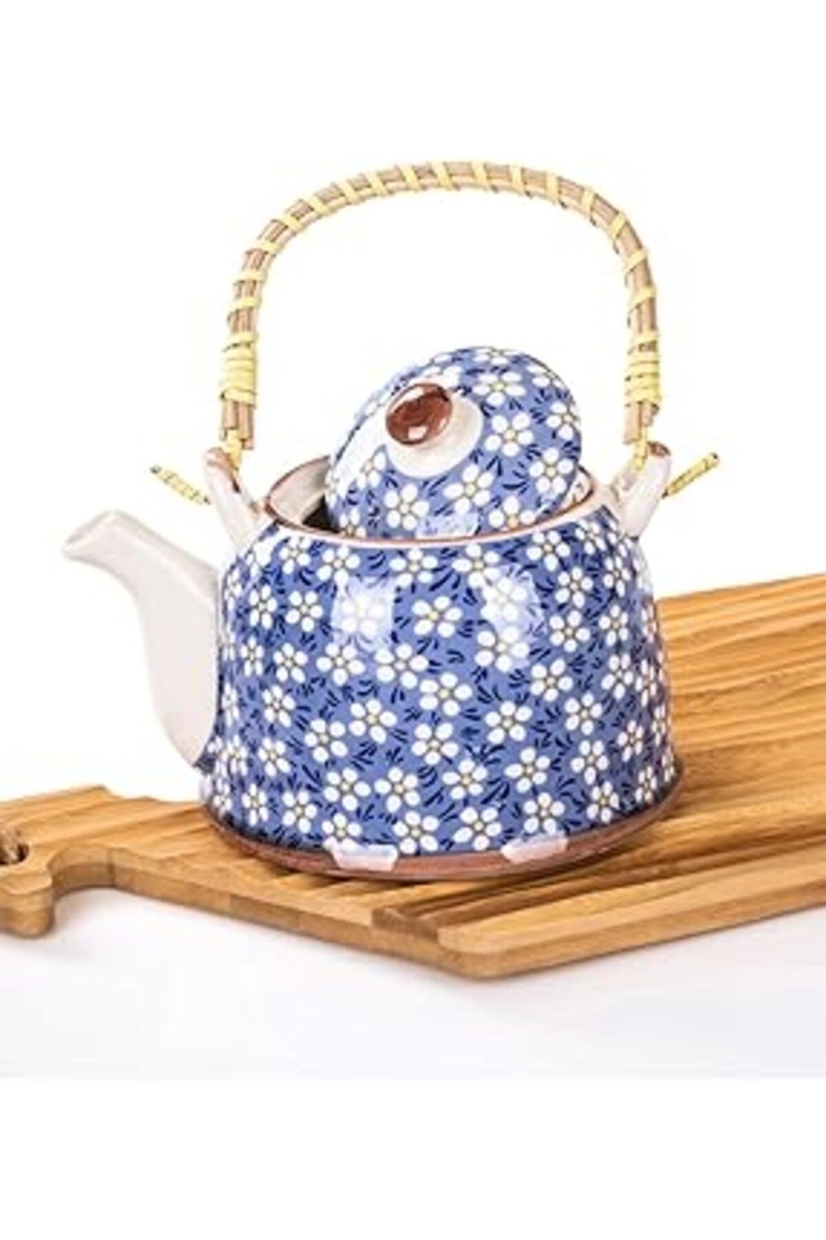 Mukko Hasır Saplı Porselen Demlik Çiçek Desenli, 900Ml Çay, Kahve, Bitki Çayı Sunum, Fan17