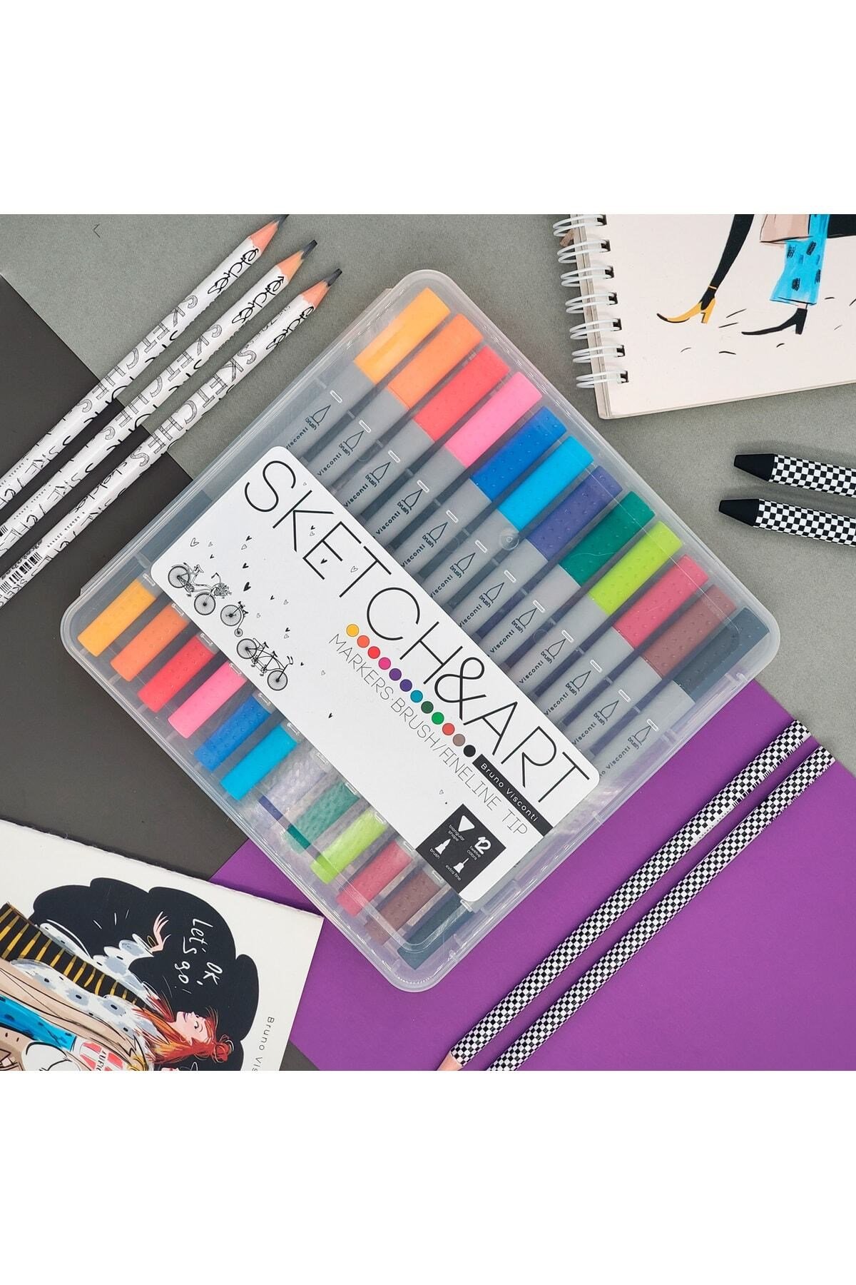 Sketch & Art Çift Taraflı Brush Pen Ve Fineliner (FIRÇA UÇLU İNCE UÇ) 12 Renk