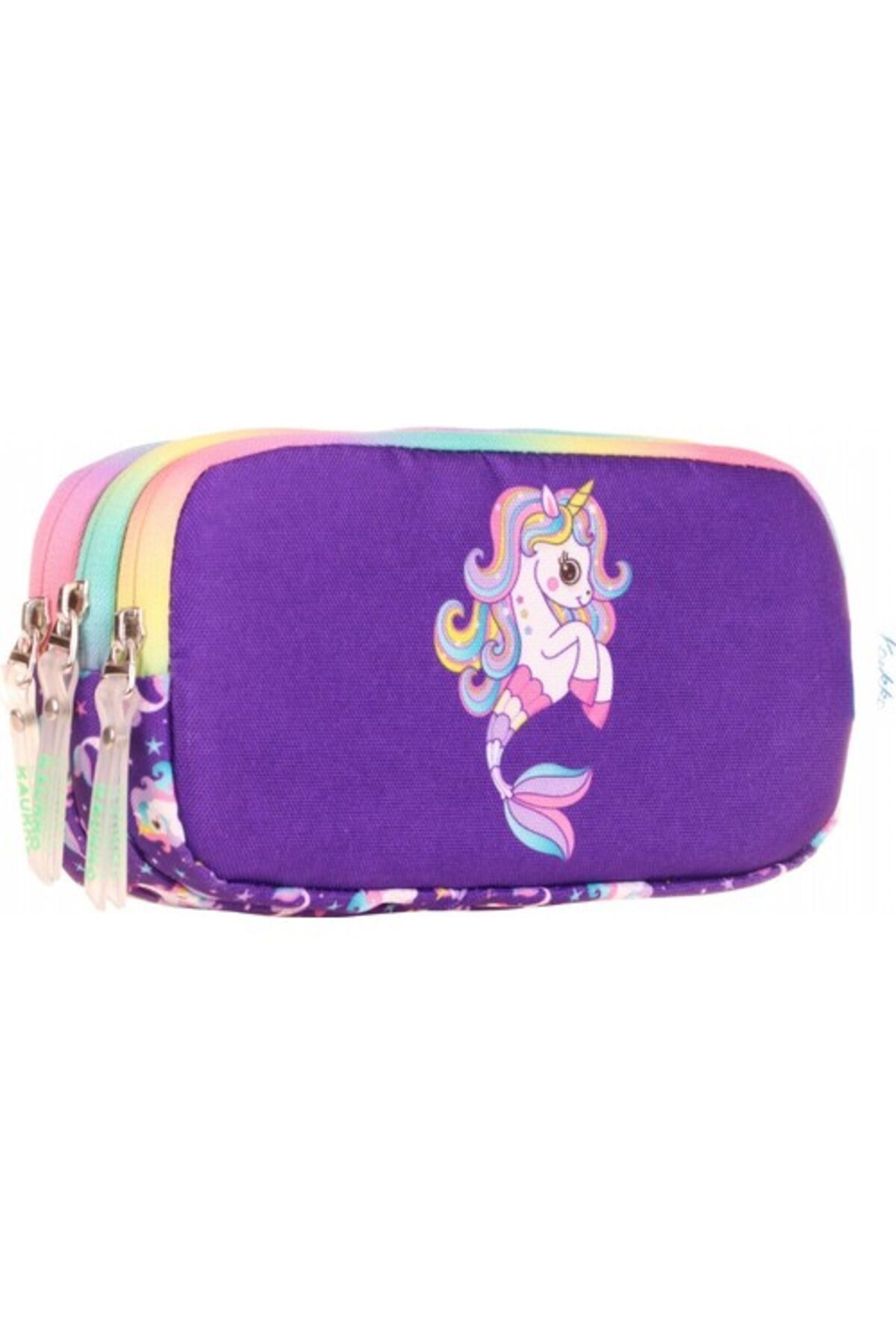 Üç Bölmeli Mor Unicorn Kız Çocuk Kalem Çantası