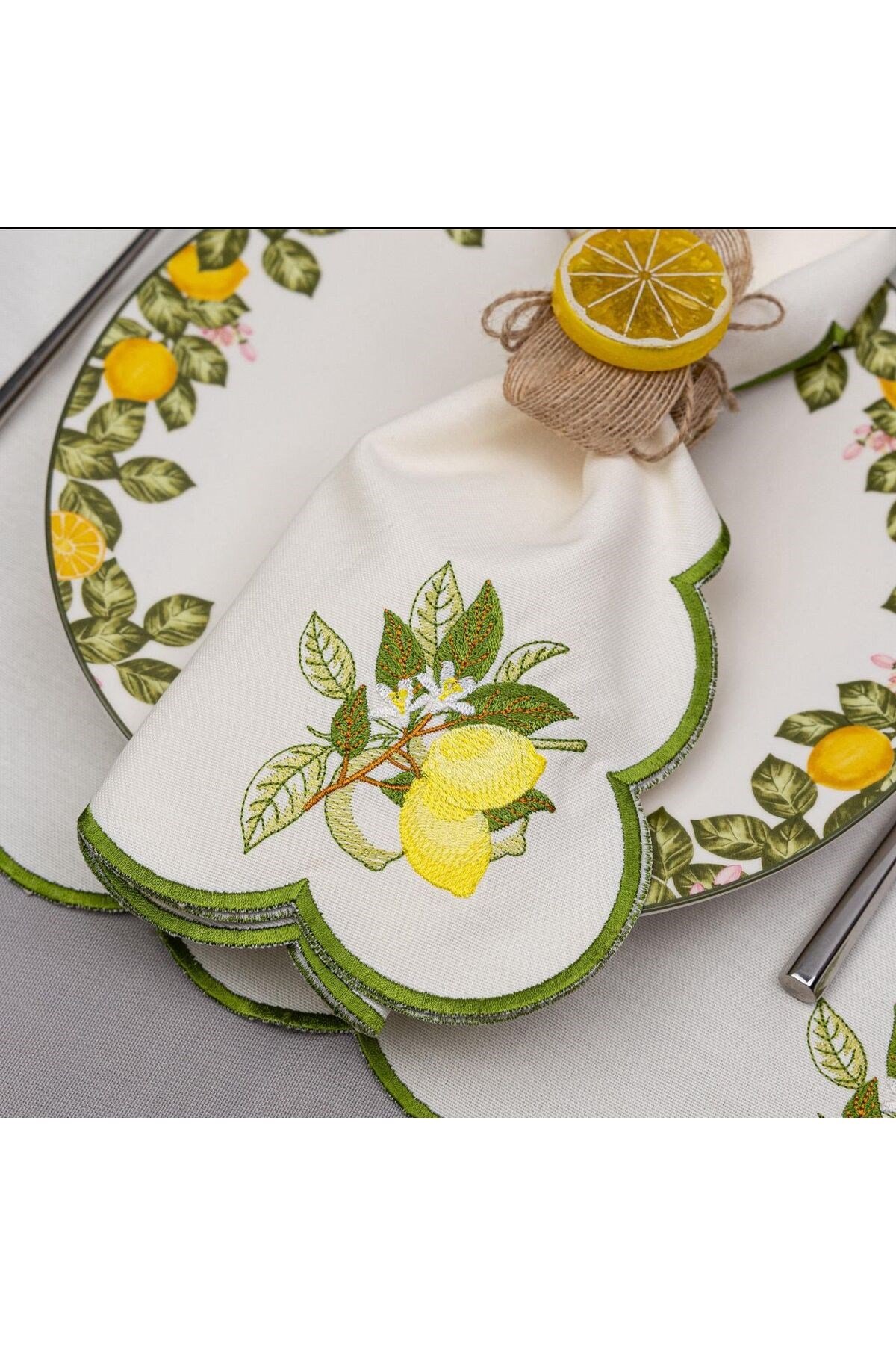19 Parça 6 Kişilik Nakışlı Limon Sarı Amerikan Servis Set
