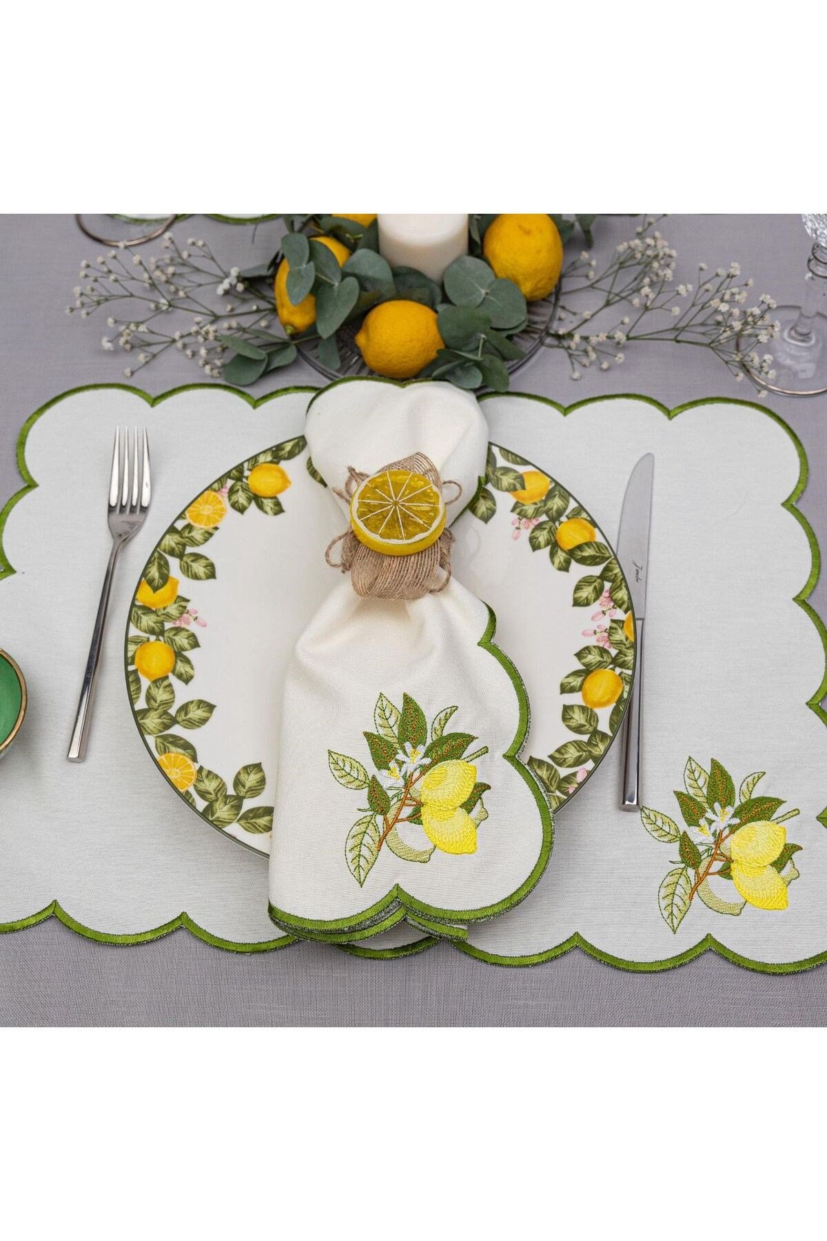 19 Parça 6 Kişilik Nakışlı Limon Sarı Amerikan Servis Set