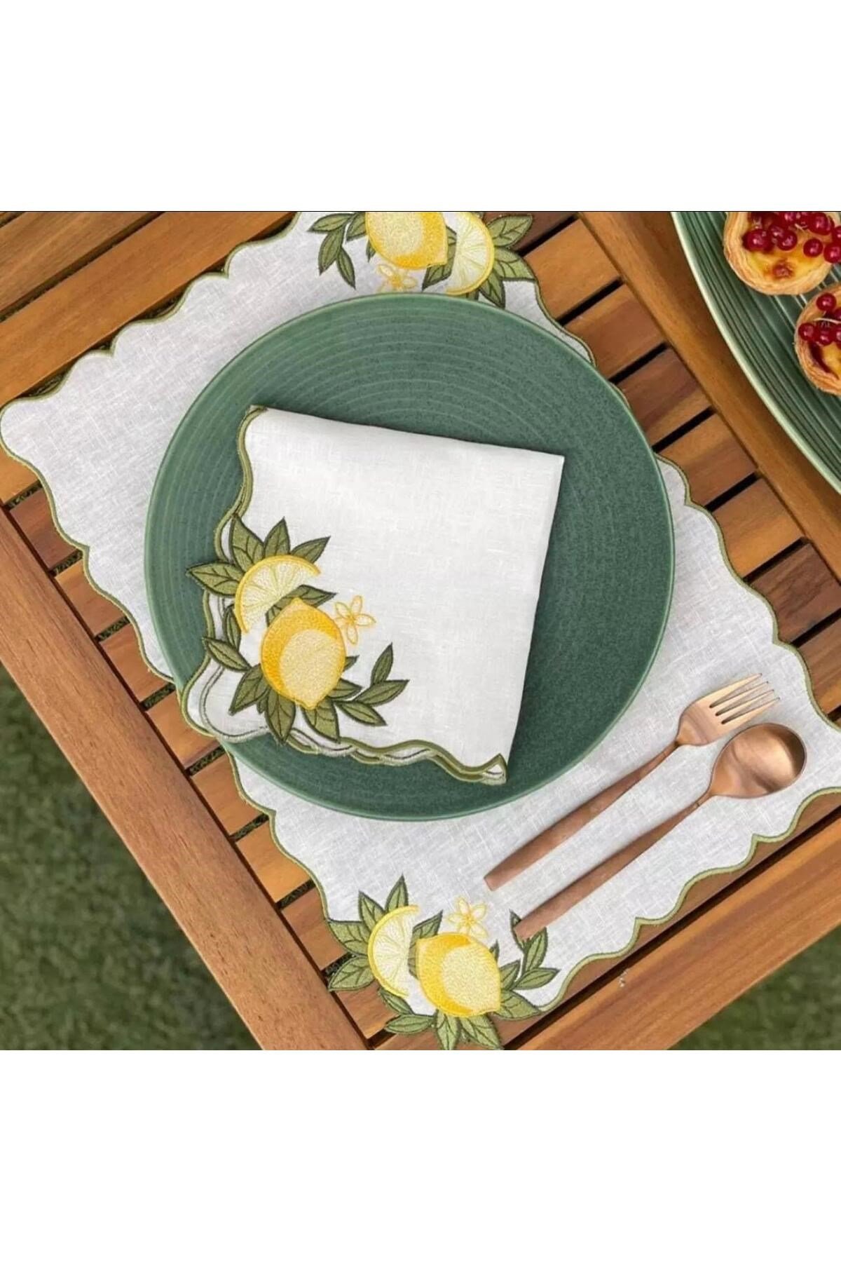 19 Parça 6 Kişilik Nakışlı Limon Sarı Amerikan Servis Set