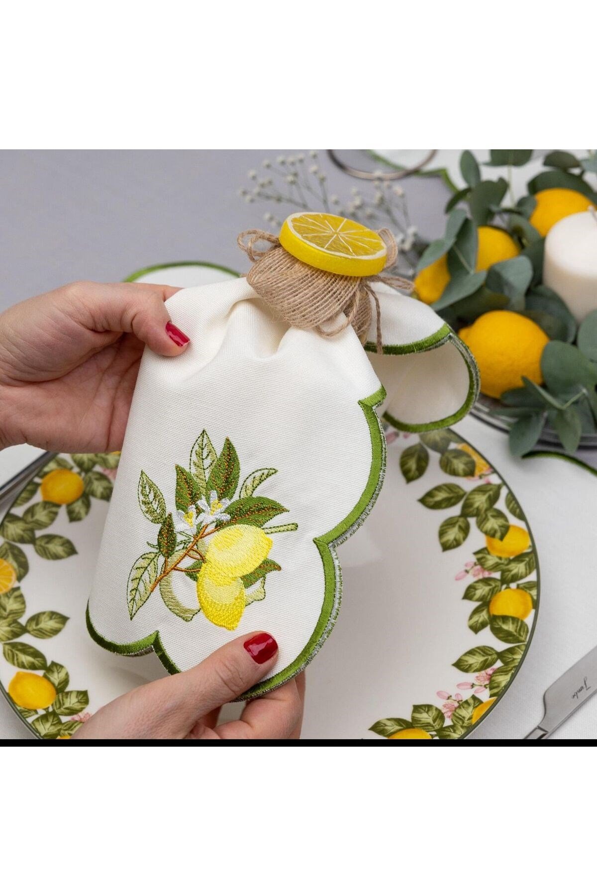 19 Parça 6 Kişilik Nakışlı Limon Sarı Amerikan Servis Set