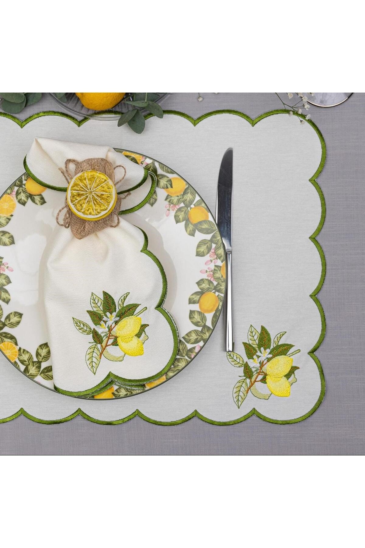 19 Parça 6 Kişilik Nakışlı Limon Sarı Amerikan Servis Set