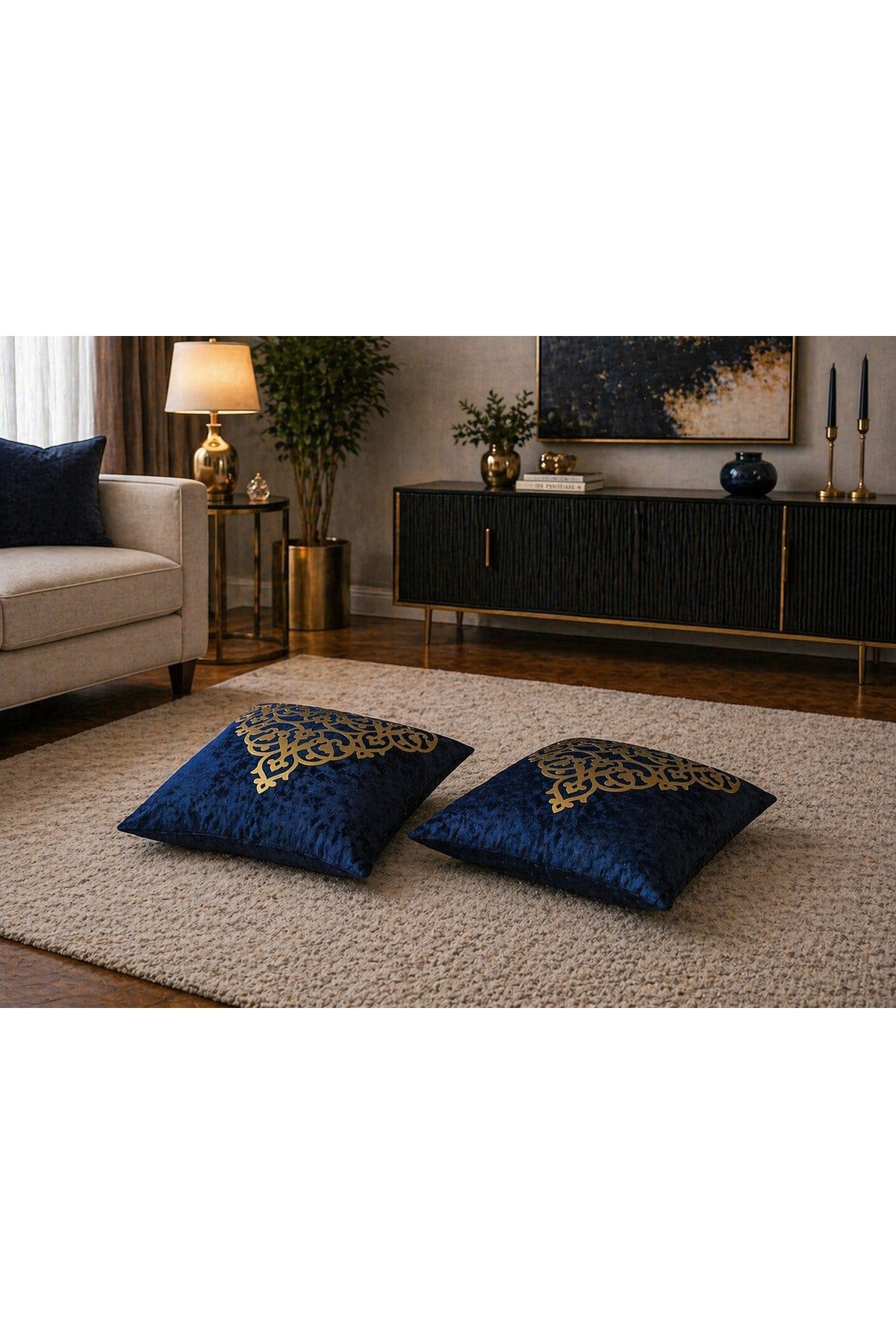 2’li Lacivert Kadife Gold Desenli Kırlent Kılıfı – Lüks Dekoratif Yastık Kılıfı (Salon & Oturma Odası