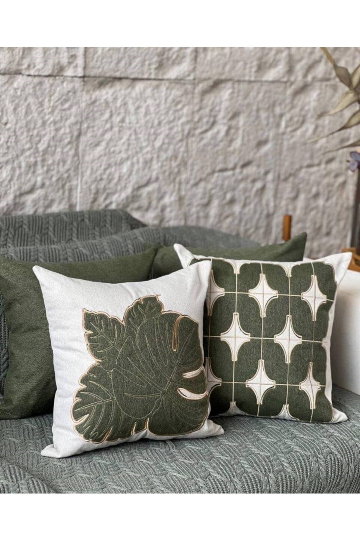 4Lü Özel 2 Sade Yeşil Renk 2 Nakışlı Aplike Çiçek ve Petek Kırlent Kılıfı Serisi 45x45 cm – 2 Farklı Model, Şık ve Modern