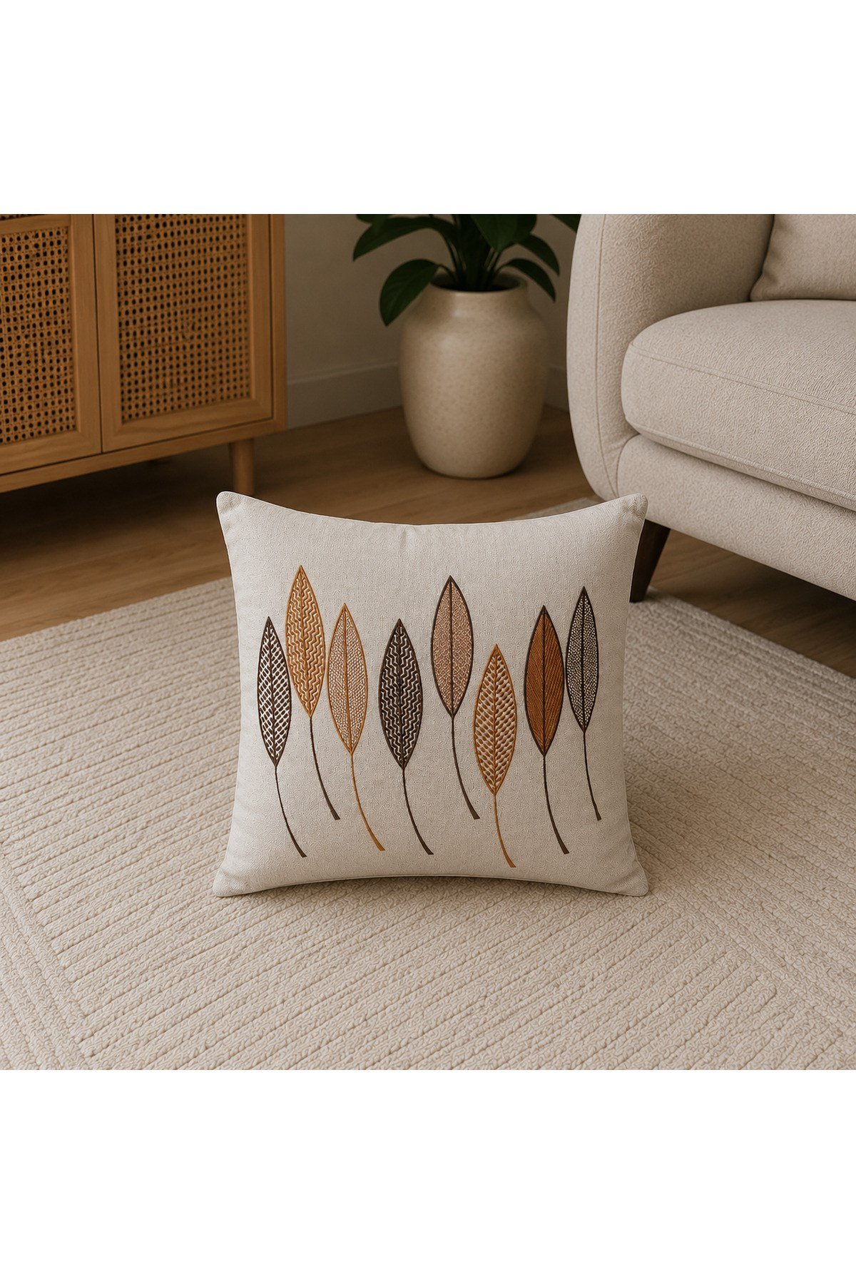 Modern Yaprak Desenli Nakışlı Kırlent Kılıfı – Salon ve Tekli Koltuk Dekoru 43 x 43