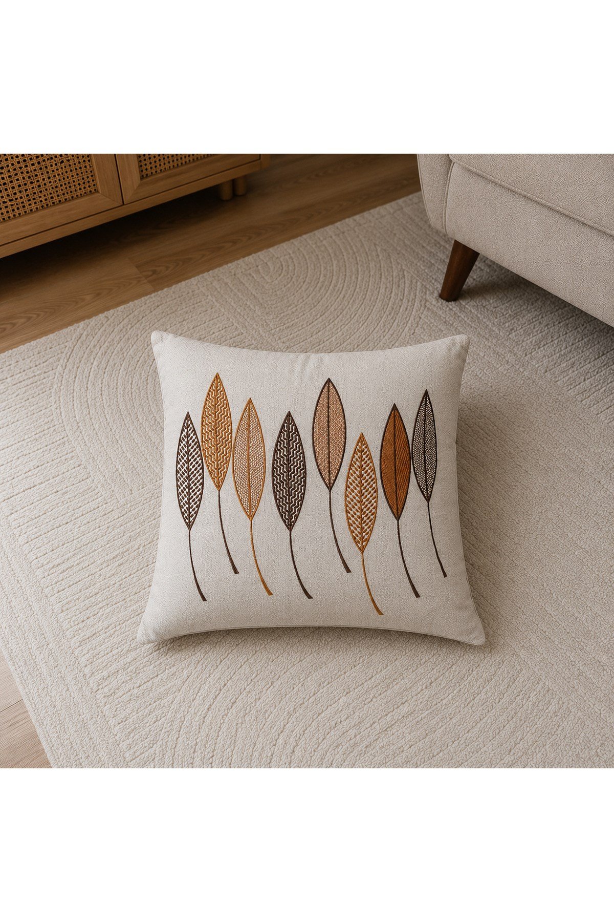 Modern Yaprak Desenli Nakışlı Kırlent Kılıfı – Salon ve Tekli Koltuk Dekoru 43 x 43