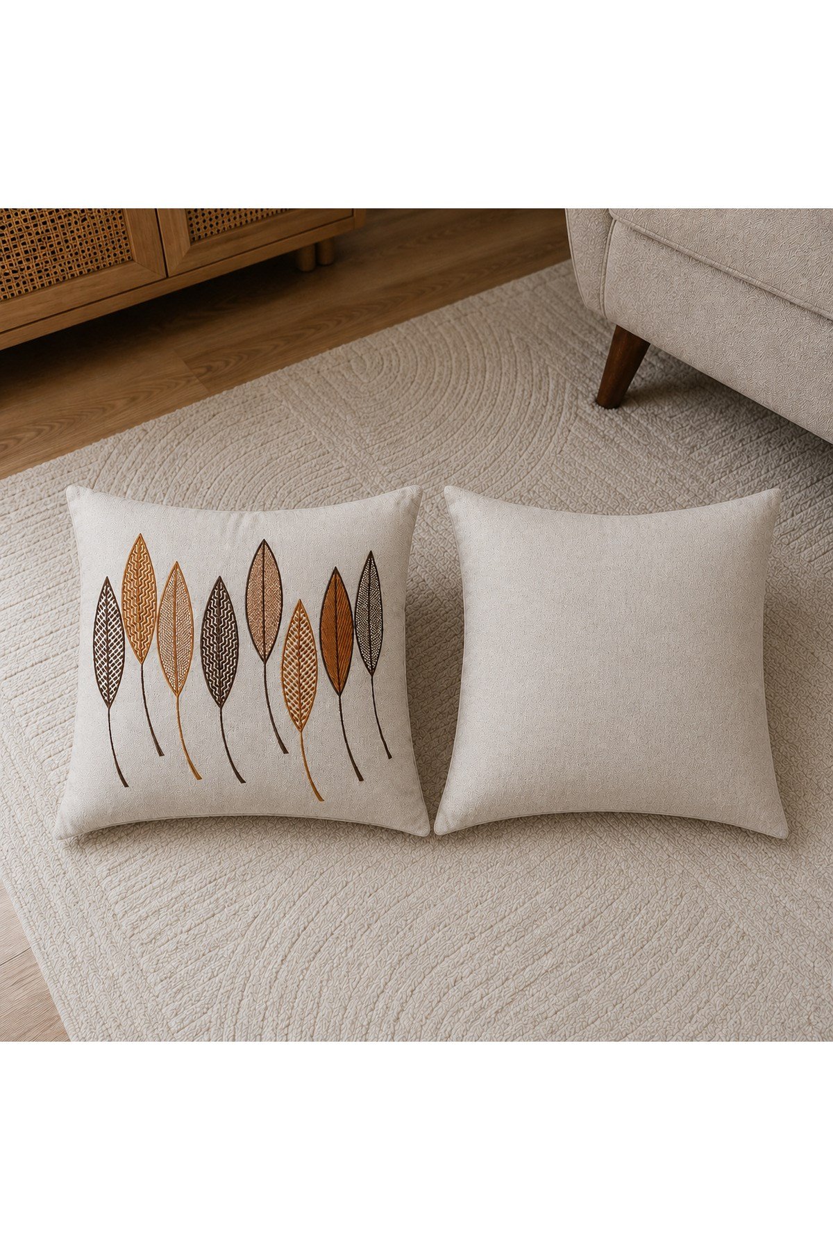 Modern Yaprak Desenli Nakışlı Kırlent Kılıfı – Salon ve Tekli Koltuk Dekoru 43 x 43