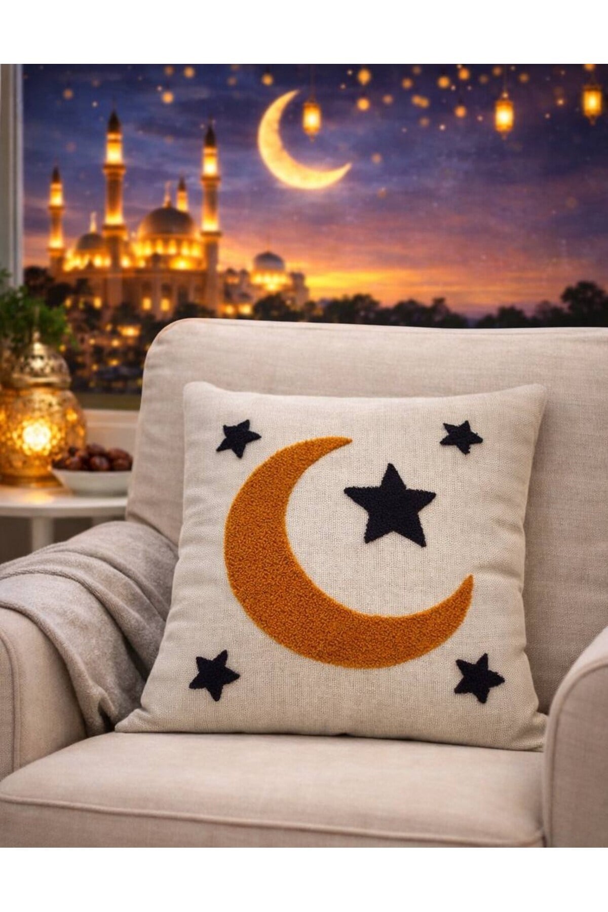 Ramazan Punch (panç) Nakışı İşlemeli Keten Kırlent Kılıfı 43x43